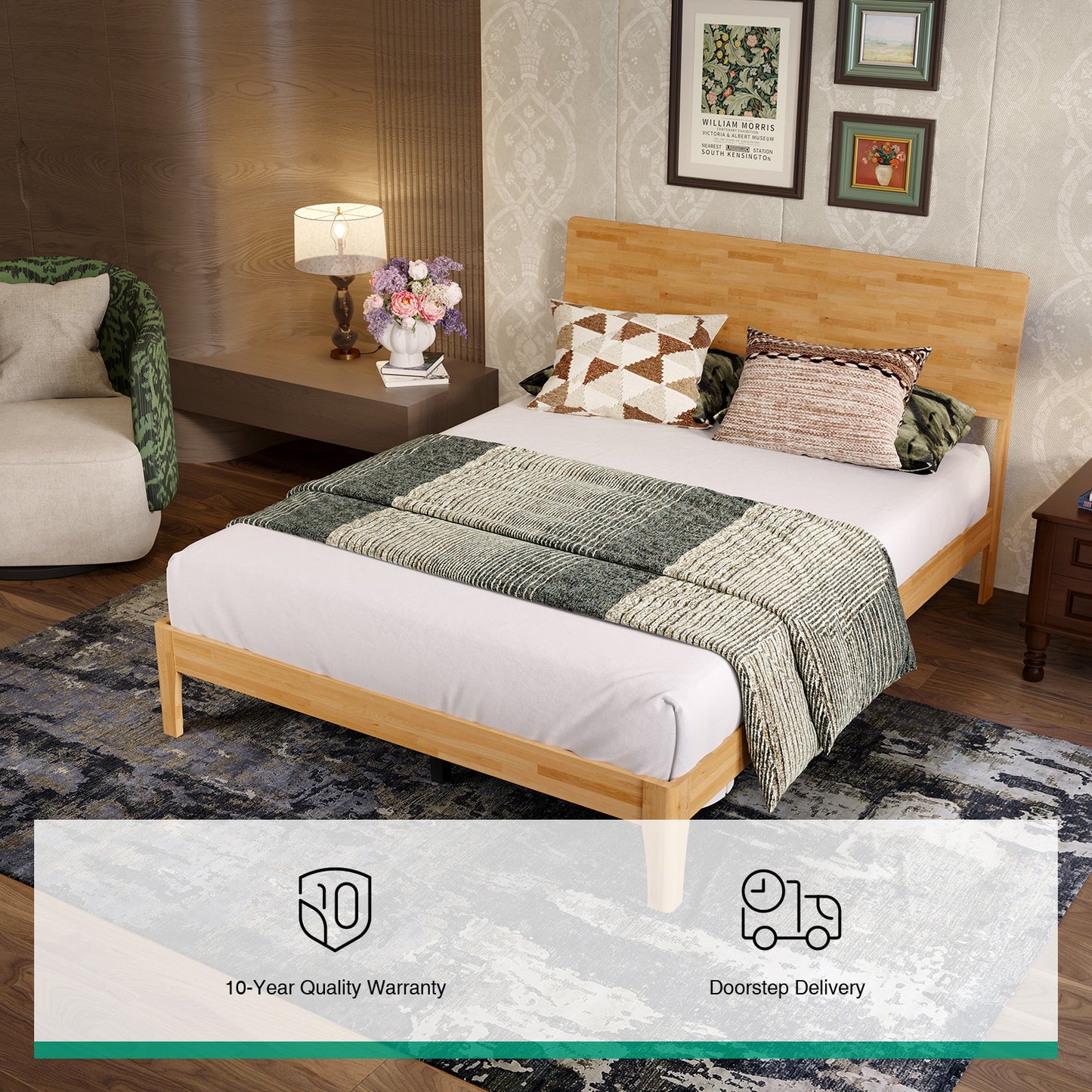 Novilla Bed Frame - Full Size Solid Wood Platform Bed with 3-Level Adjustable Headboard, Solid Wood Slat Support, No Box Spring Needed, Nature