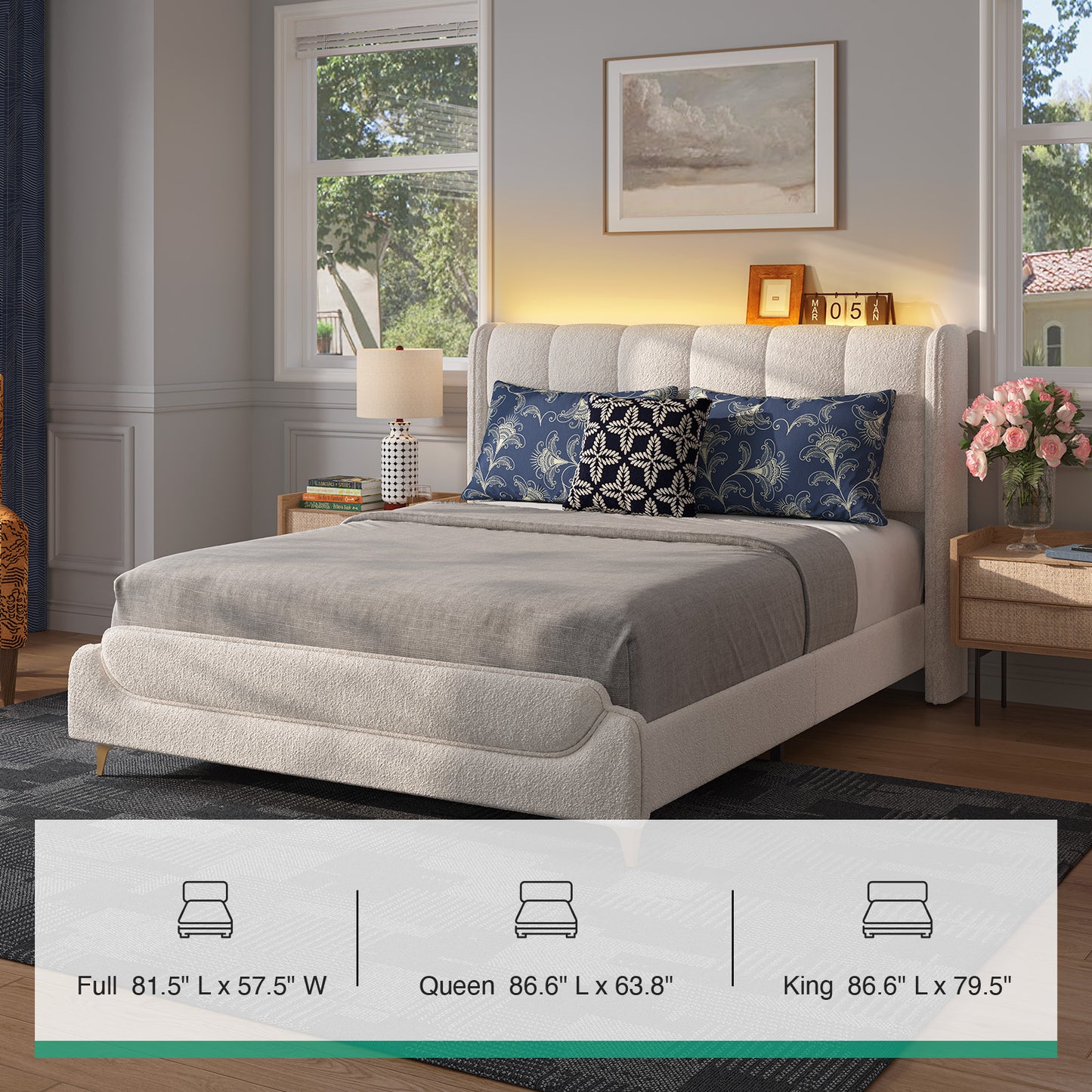 Novilla Full Size Bed Frame with Charging Station & LED Lights, Upholstered French Luxury Platform Bed with Wingback Headboard, Lamb Wool Fabric, No Box Spring Needed, Easy Assembly, Cream White