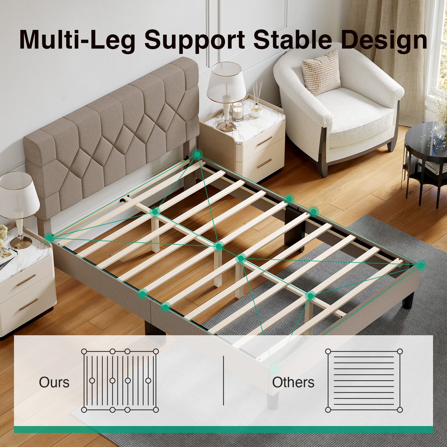 12013 Novilla Bed Frame, Full Bed Frame with Headboard, Velvet Upholstered Pull-Point Headboard, No Box Spring Needed, Heavy Duty Feet, Easy Assembly