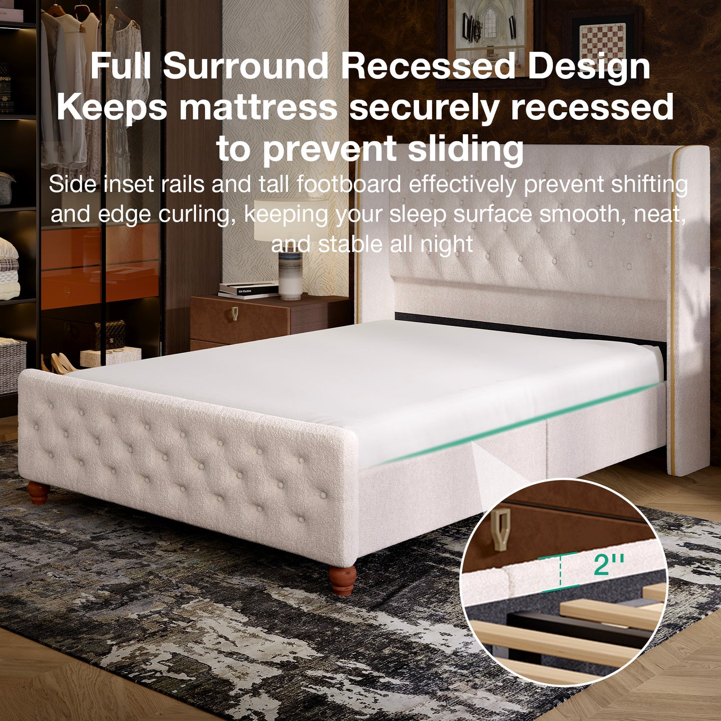Novilla Bed Frame, Sea-Lion Velvet Upholstered Bed Frame with Wingback and Footboard, Button Tufted/No Box Spring Needed/Heavy Duty Feet/Cream