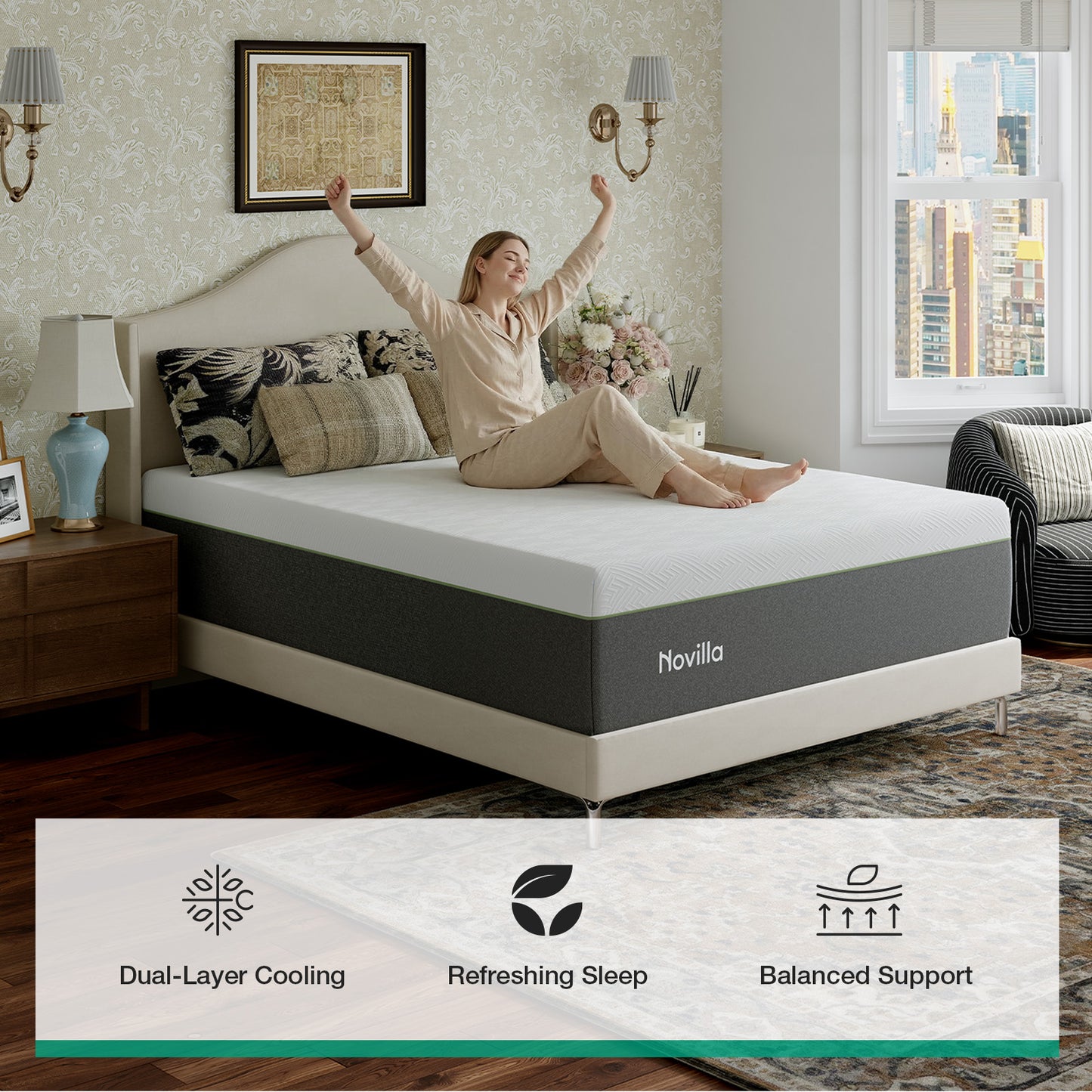 1092 Novilla Bliss Green Tea Mattress, Gel Memory Foam Mattress in a Box for Cooling Comfort with Nylon Cover, Pressure Relieving & Spine Alignment with CertiPUR-US Certified Foams