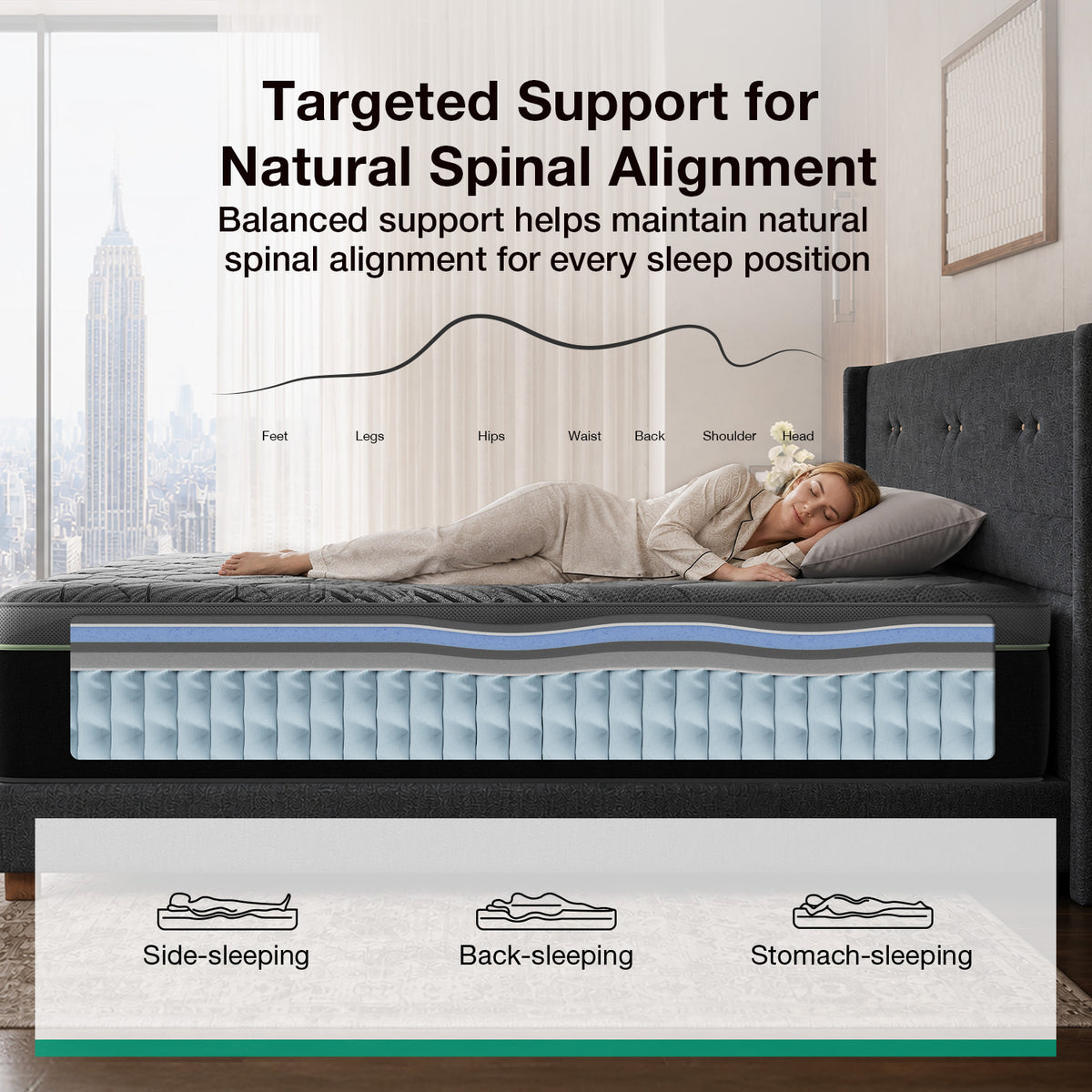 Novilla PoemEase Cooling Hybrid Mattress, Graphene Fabric, Gel Memory Foam, Temperature Balance, Full-Body Support, Pocket Springs, Reinforced Edges