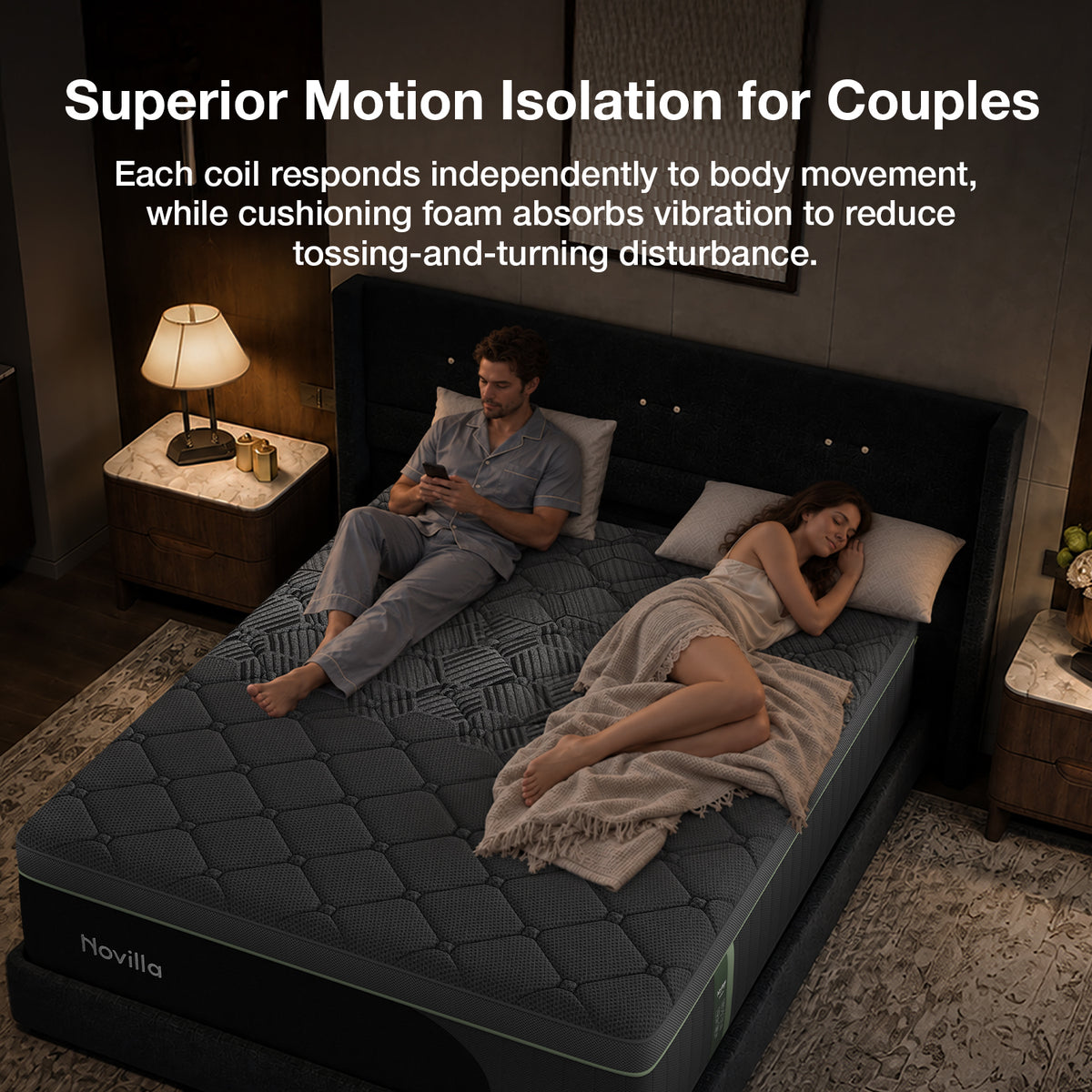 Novilla PoemEase Cooling Hybrid Mattress, Graphene Fabric, Gel Memory Foam, Temperature Balance, Full-Body Support, Pocket Springs, Reinforced Edges