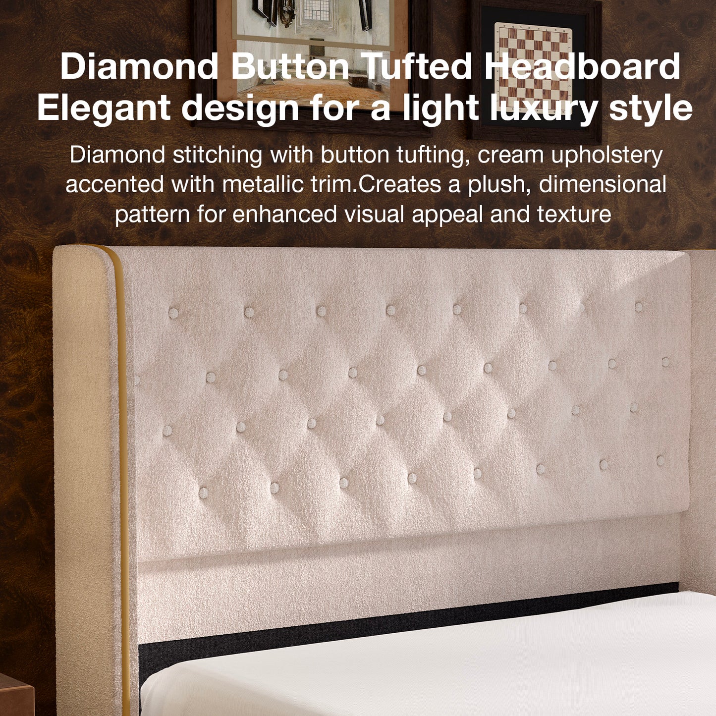 Novilla Bed Frame, Sea-Lion Velvet Upholstered Bed Frame with Wingback and Footboard, Button Tufted/No Box Spring Needed/Heavy Duty Feet/Cream