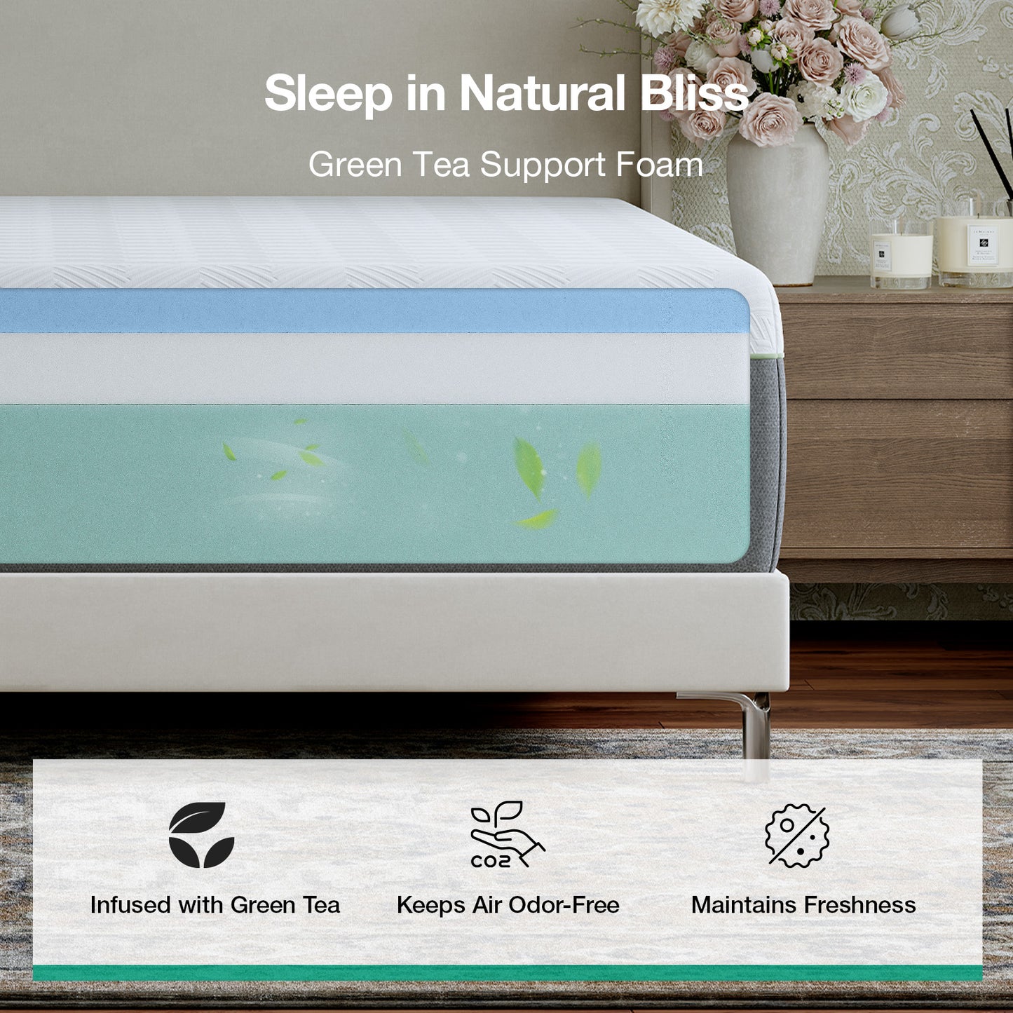 1092 Novilla Bliss Green Tea Mattress, Gel Memory Foam Mattress in a Box for Cooling Comfort with Nylon Cover, Pressure Relieving & Spine Alignment with CertiPUR-US Certified Foams
