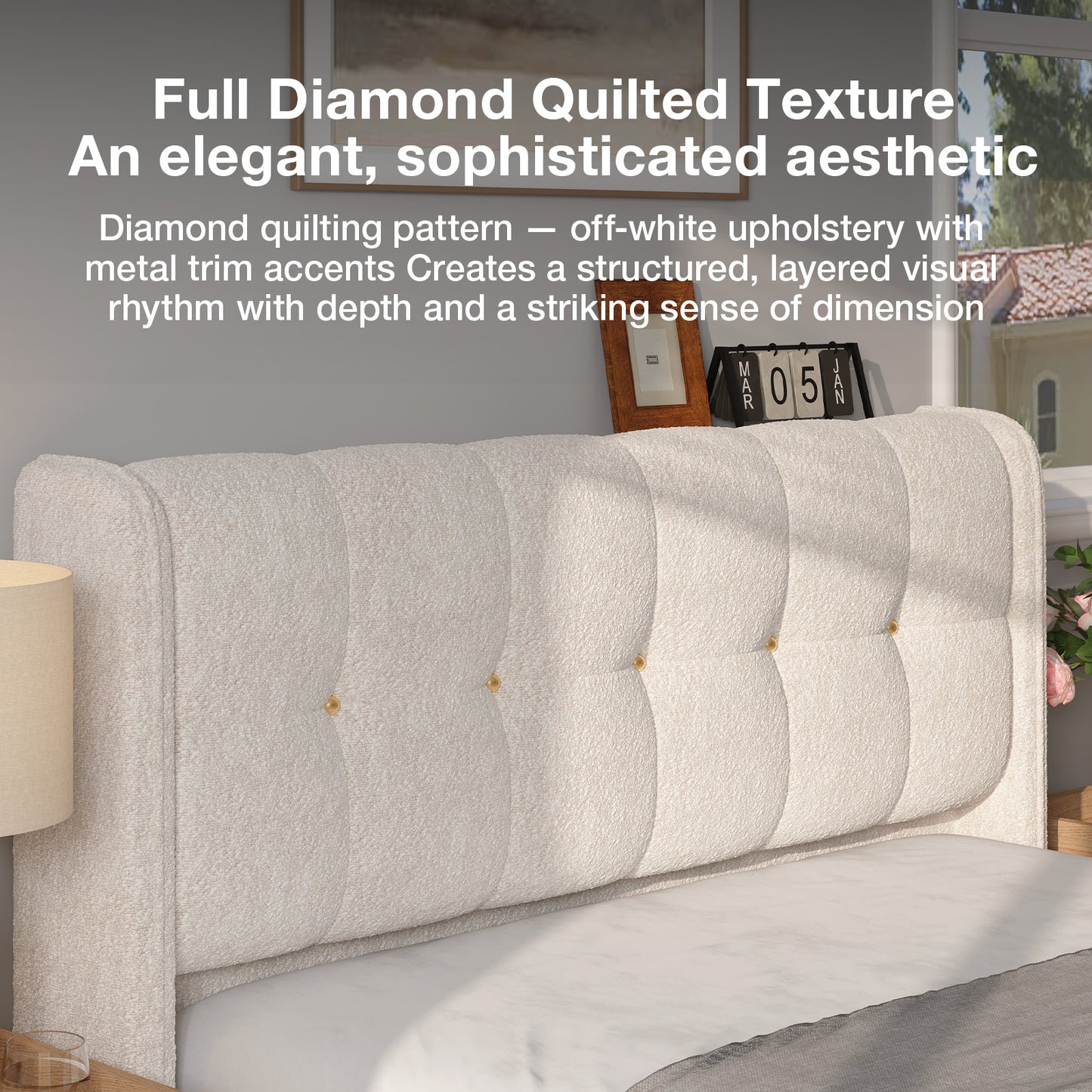 Novilla Full Size Bed Frame with Charging Station & LED Lights, Upholstered French Luxury Platform Bed with Wingback Headboard, Lamb Wool Fabric, No Box Spring Needed, Easy Assembly, Cream White