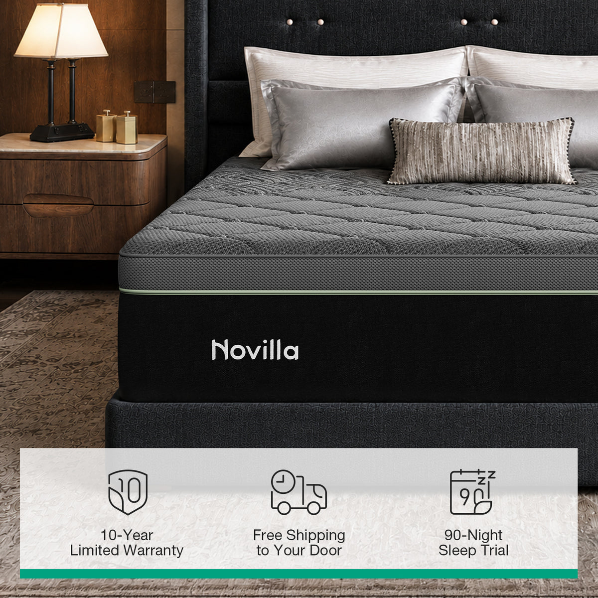 Novilla PoemEase Cooling Hybrid Mattress, Graphene Fabric, Gel Memory Foam, Temperature Balance, Full-Body Support, Pocket Springs, Reinforced Edges