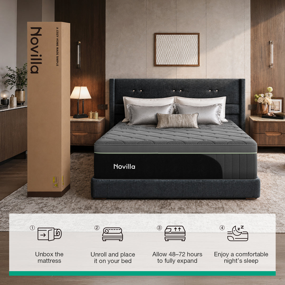 Novilla PoemEase Cooling Hybrid Mattress, Graphene Fabric, Gel Memory Foam, Temperature Balance, Full-Body Support, Pocket Springs, Reinforced Edges