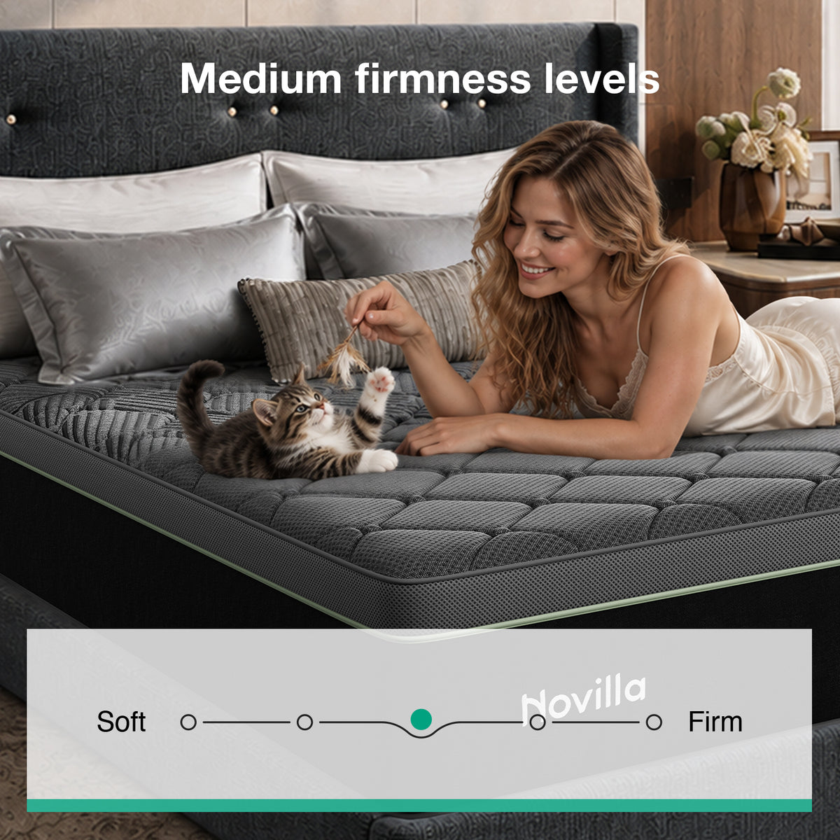 Novilla PoemEase Cooling Hybrid Mattress, Graphene Fabric, Gel Memory Foam, Temperature Balance, Full-Body Support, Pocket Springs, Reinforced Edges
