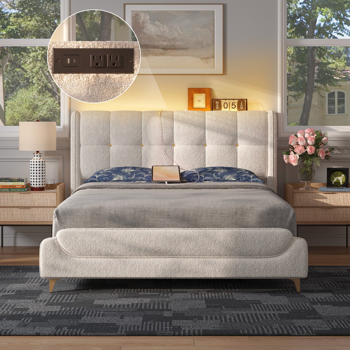 Novilla Full Size Bed Frame with Charging Station & LED Lights, Upholstered French Luxury Platform Bed with Wingback Headboard, Lamb Wool Fabric, No Box Spring Needed, Easy Assembly, Cream White