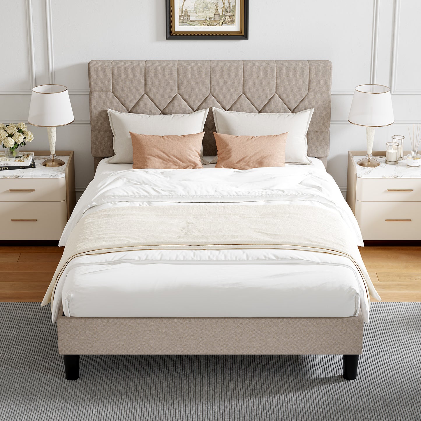 12013 Novilla Bed Frame, Full Bed Frame with Headboard, Velvet Upholstered Pull-Point Headboard, No Box Spring Needed, Heavy Duty Feet, Easy Assembly