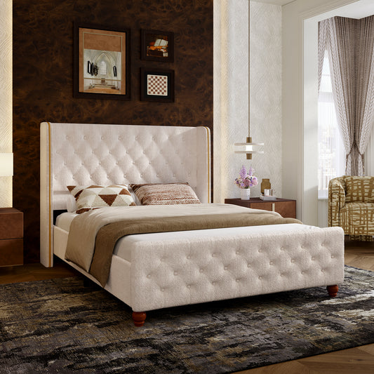 Novilla Bed Frame, Sea-Lion Velvet Upholstered Bed Frame with Wingback and Footboard, Button Tufted/No Box Spring Needed/Heavy Duty Feet/Cream