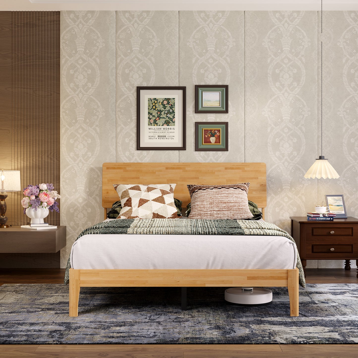 Novilla Bed Frame - Full Size Solid Wood Platform Bed with 3-Level Adjustable Headboard, Solid Wood Slat Support, No Box Spring Needed, Nature