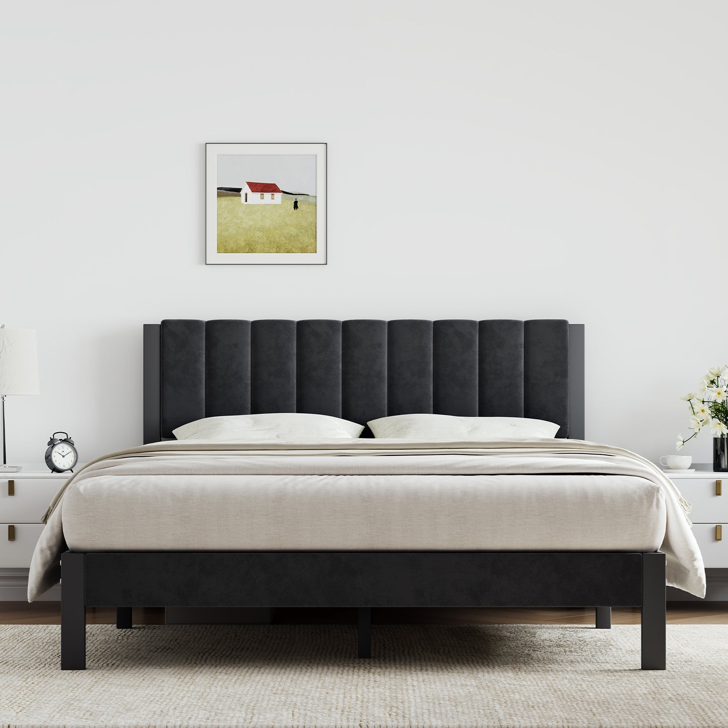 12015 Novilla Bed Frames with Piano Keys Headboard and Footboard, Metal Platform Bed Frame, No Box Spring Needed, Easy Assembly, Steel Slats Support