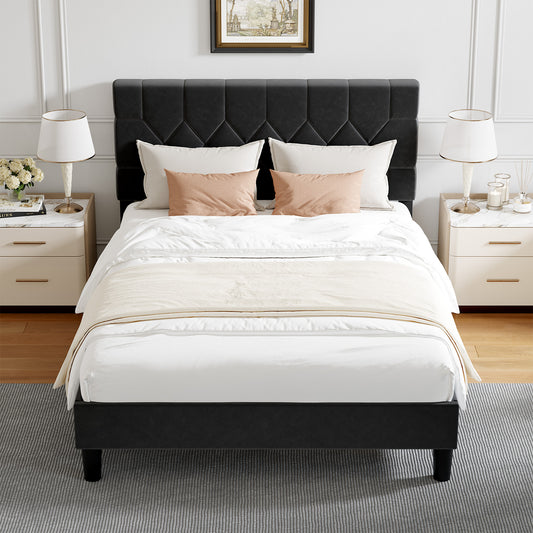 12013 Novilla Bed Frame, Full Bed Frame with Headboard, Velvet Upholstered Pull-Point Headboard, No Box Spring Needed, Heavy Duty Feet, Easy Assembly