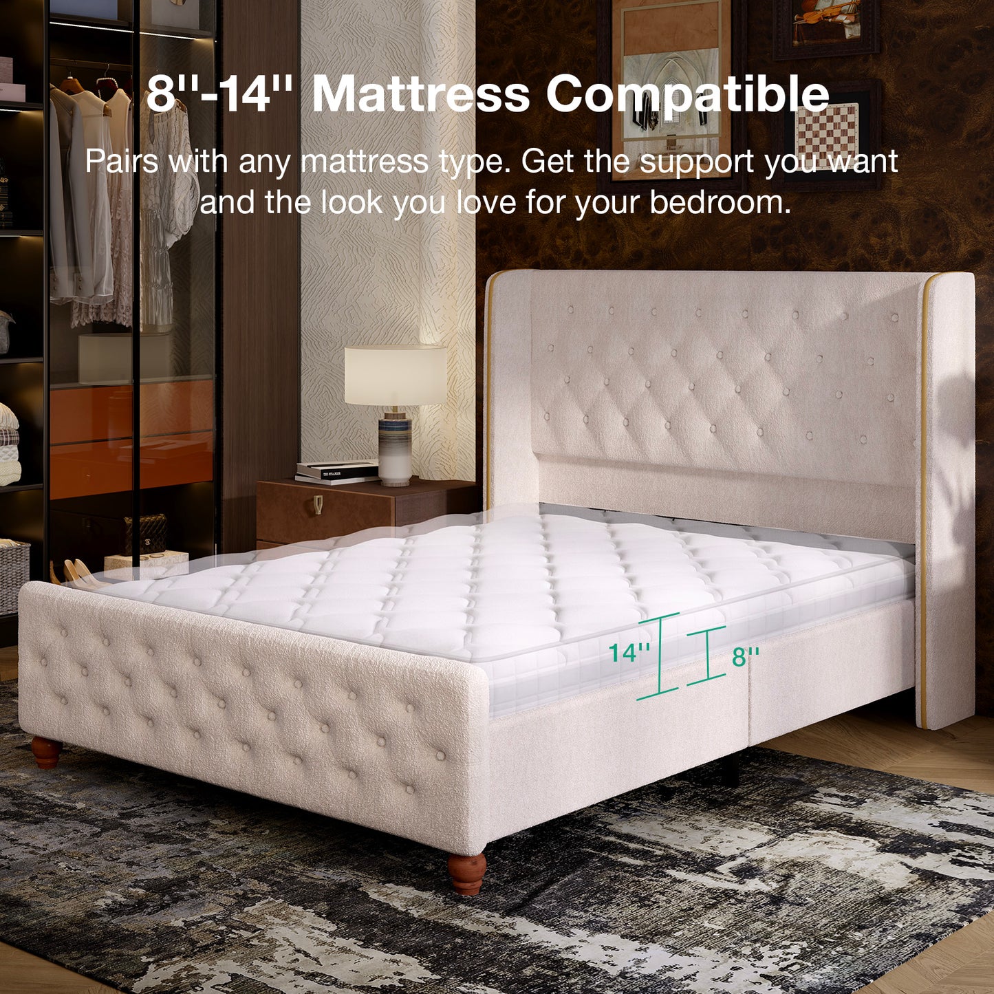 Novilla Bed Frame, Sea-Lion Velvet Upholstered Bed Frame with Wingback and Footboard, Button Tufted/No Box Spring Needed/Heavy Duty Feet/Cream