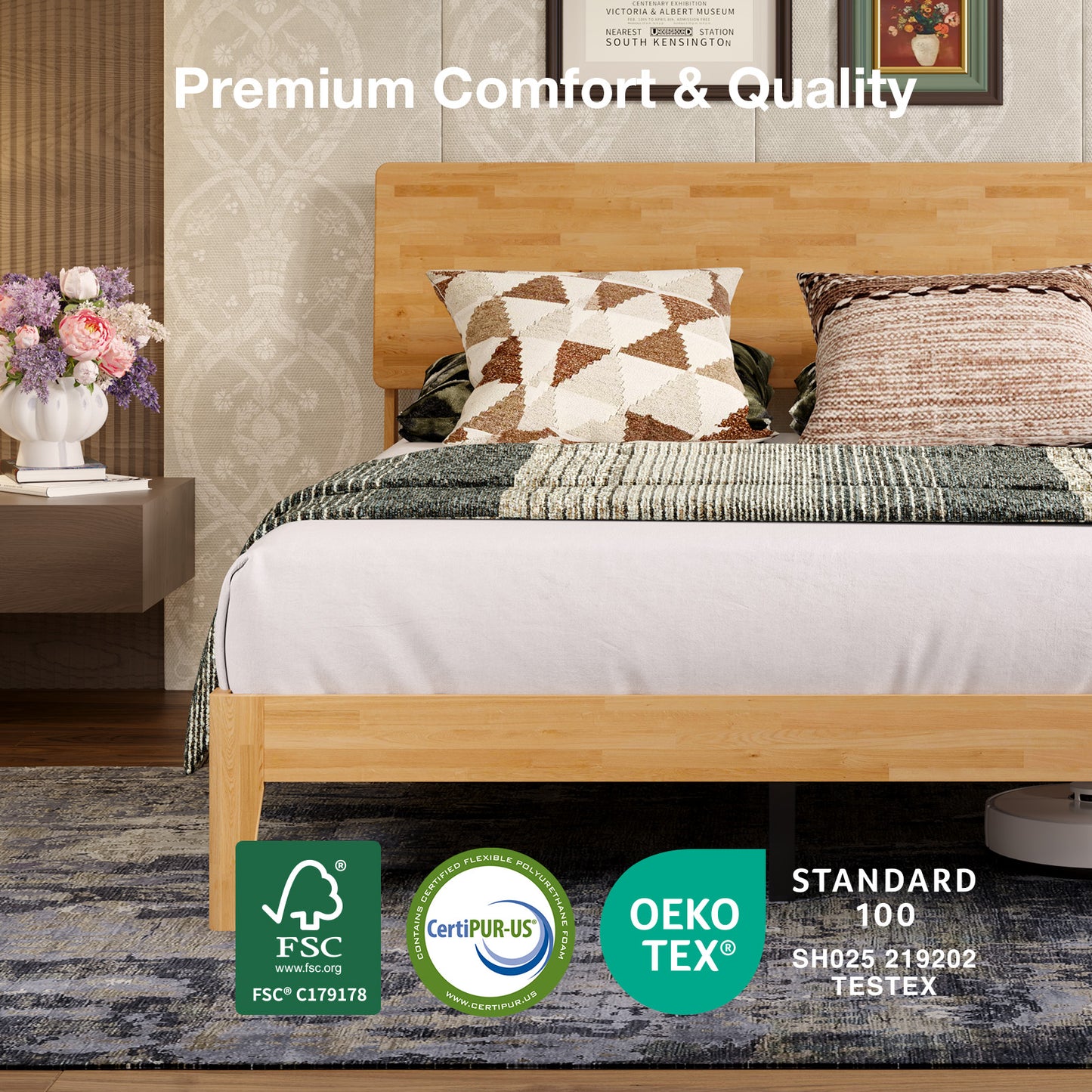 Novilla Bed Frame - Full Size Solid Wood Platform Bed with 3-Level Adjustable Headboard, Solid Wood Slat Support, No Box Spring Needed, Nature