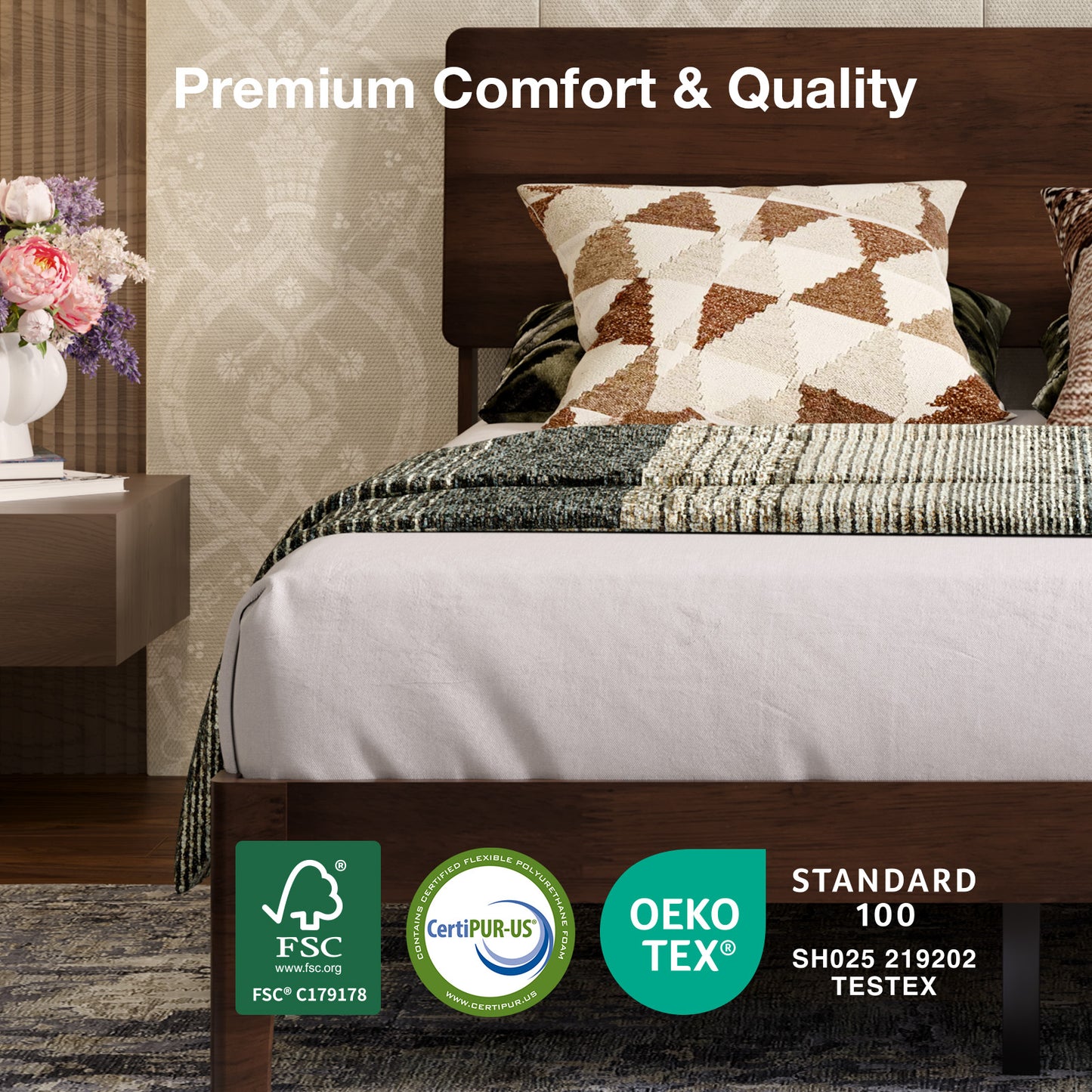 Novilla Bed Frame - Full Size Solid Wood Platform Bed with 3-Level Adjustable Headboard, Solid Wood Slat Support, No Box Spring Needed, Walnut