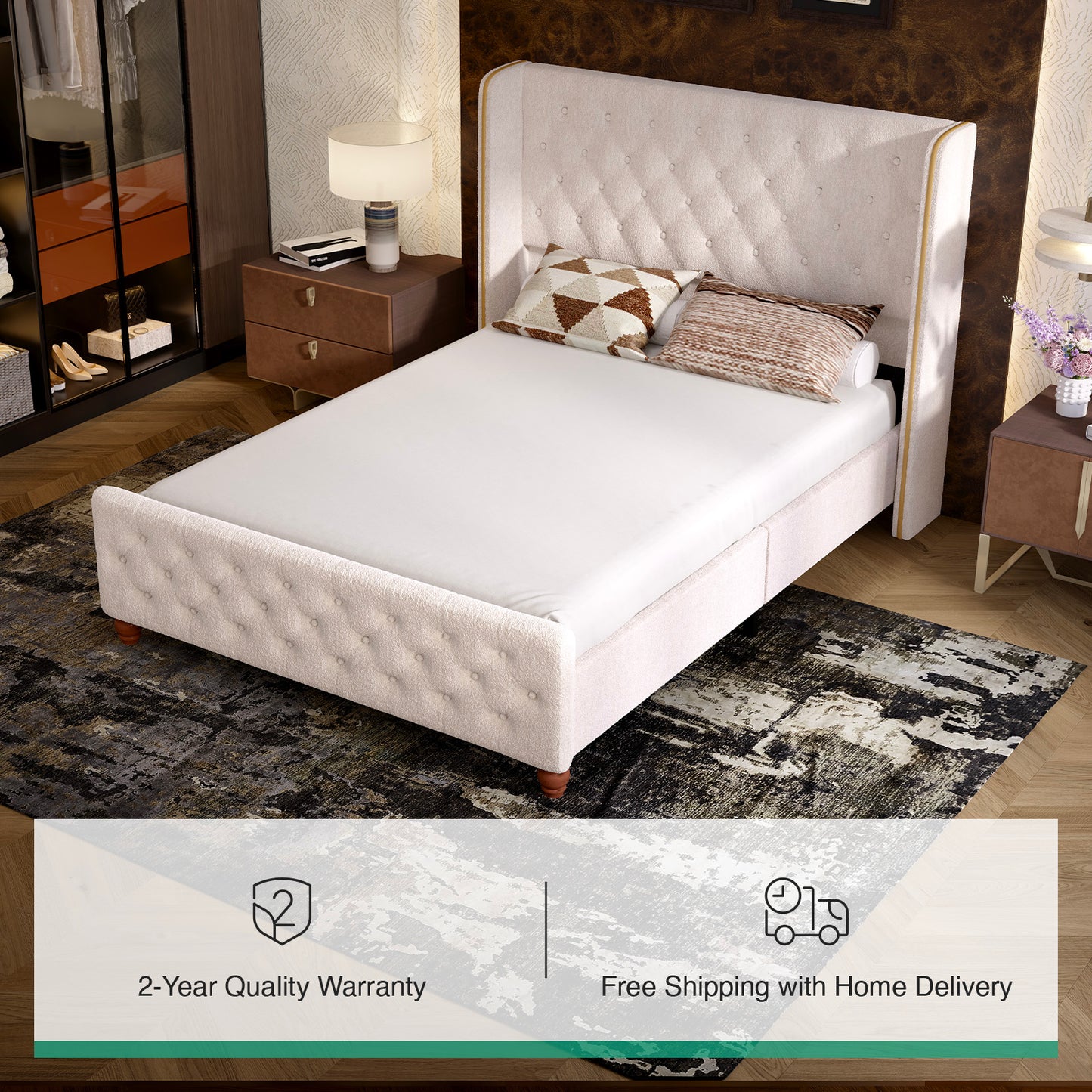 Novilla Bed Frame, Sea-Lion Velvet Upholstered Bed Frame with Wingback and Footboard, Button Tufted/No Box Spring Needed/Heavy Duty Feet/Cream