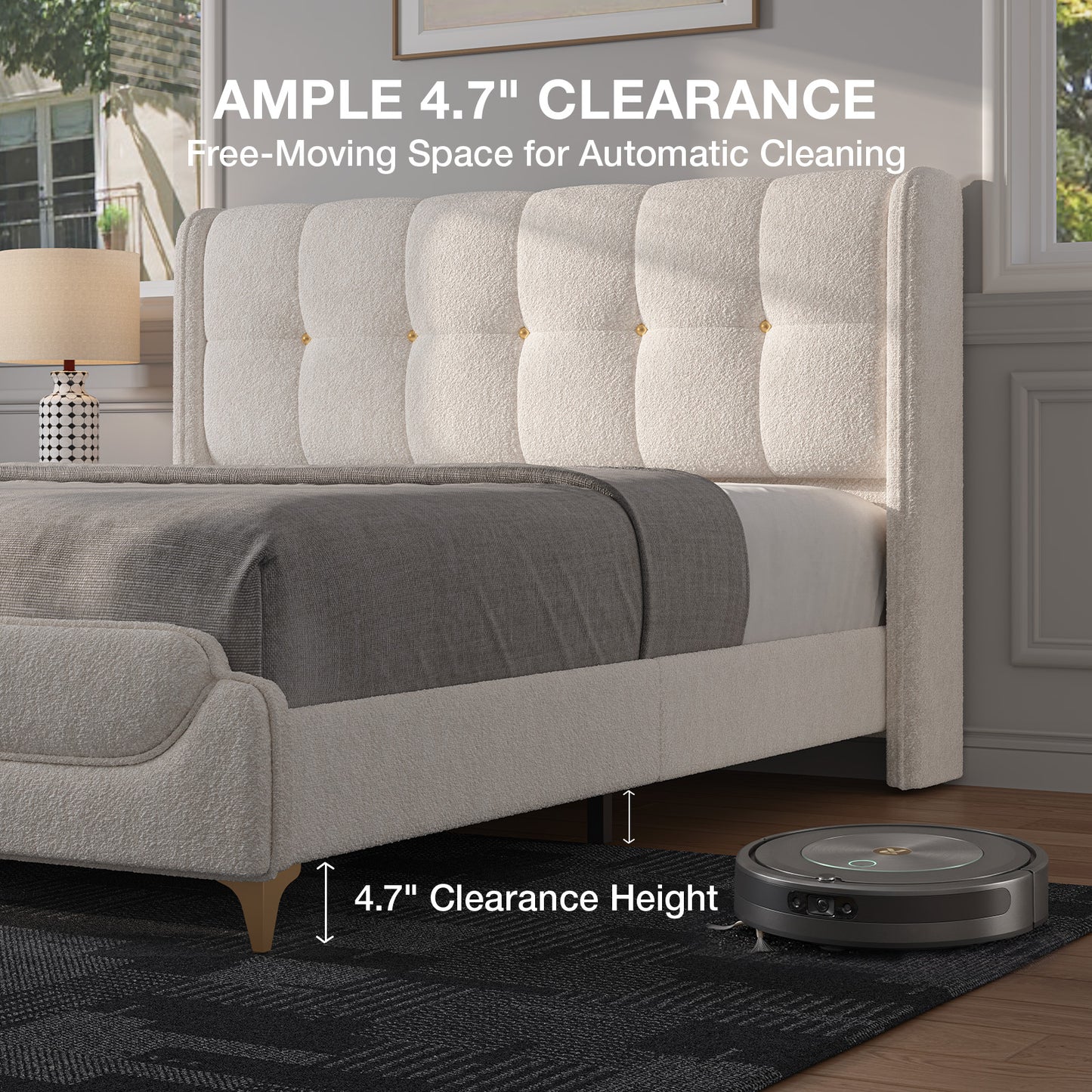 Novilla Full Size Bed Frame with Charging Station & LED Lights, Upholstered French Luxury Platform Bed with Wingback Headboard, Lamb Wool Fabric, No Box Spring Needed, Easy Assembly, Cream White