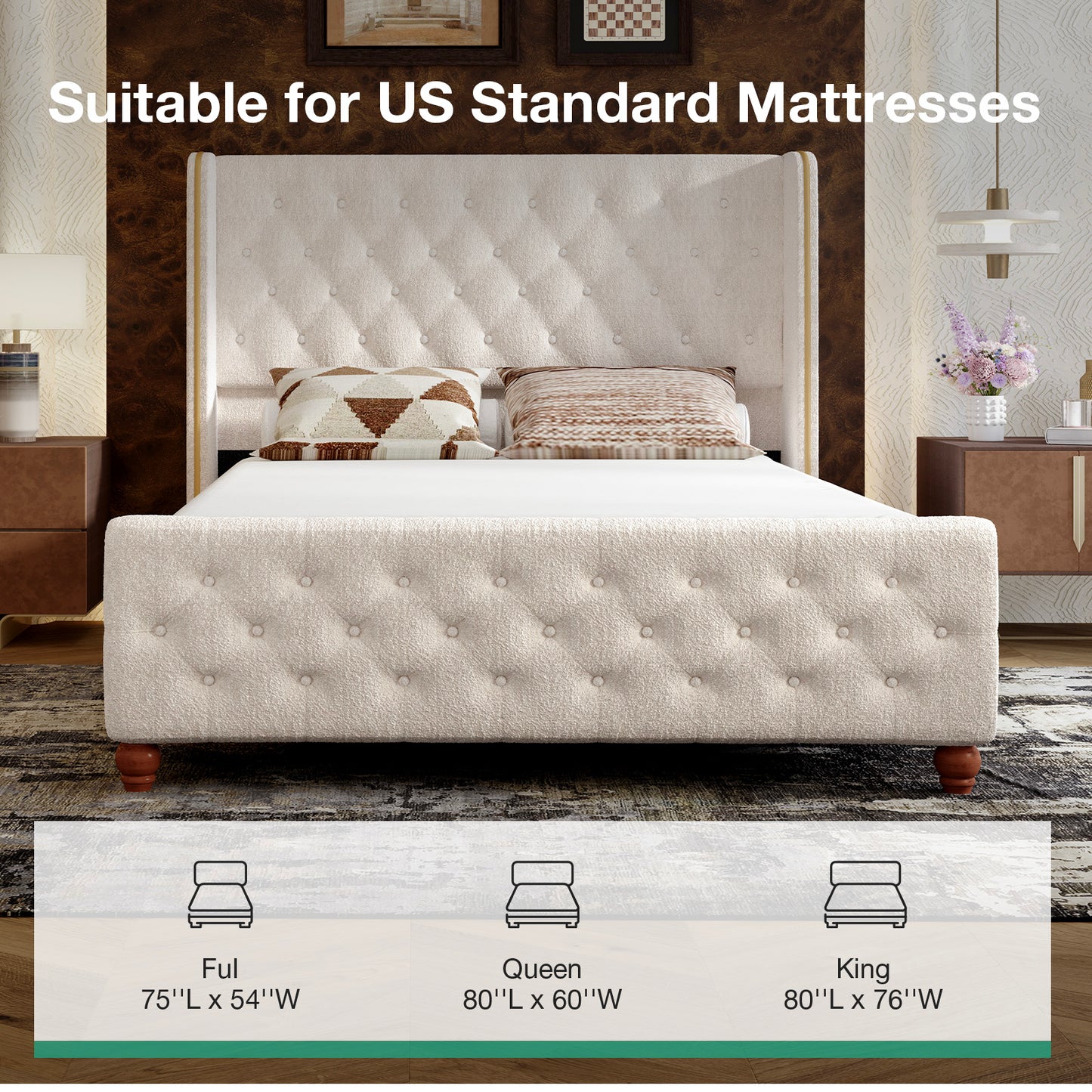 Novilla Bed Frame, Sea-Lion Velvet Upholstered Bed Frame with Wingback and Footboard, Button Tufted/No Box Spring Needed/Heavy Duty Feet/Cream