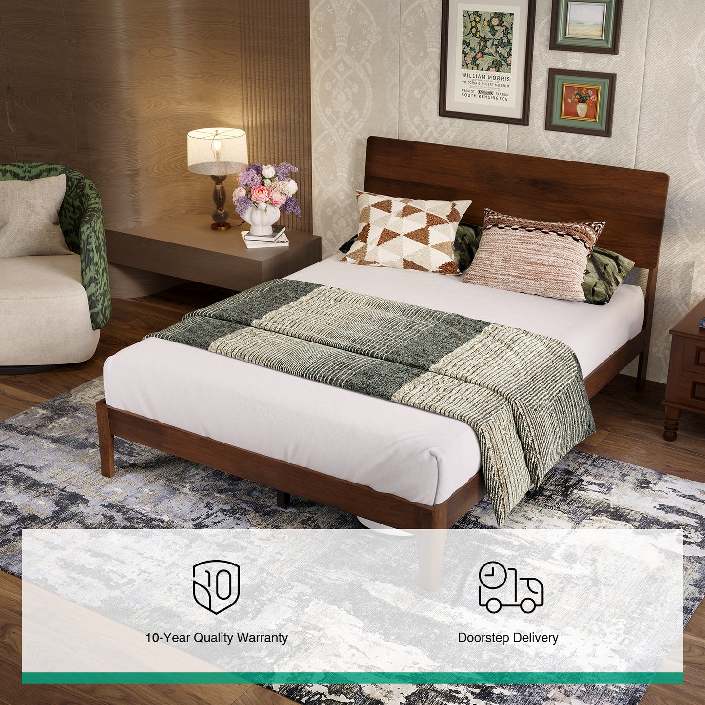 Novilla Bed Frame - Full Size Solid Wood Platform Bed with 3-Level Adjustable Headboard, Solid Wood Slat Support, No Box Spring Needed, Walnut