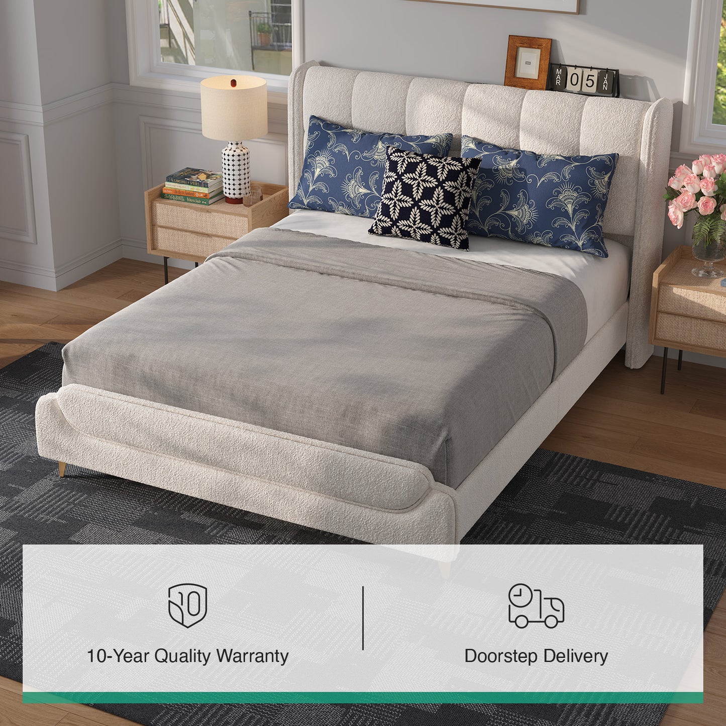 Novilla Full Size Bed Frame with Charging Station & LED Lights, Upholstered French Luxury Platform Bed with Wingback Headboard, Lamb Wool Fabric, No Box Spring Needed, Easy Assembly, Cream White