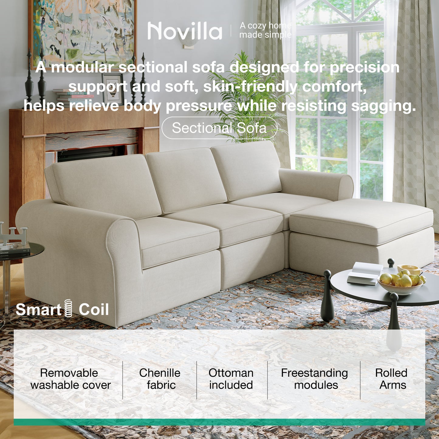 65007 Novilla 108" Modular Sectional Sofa, Modular Sectional Couches for Living Room Bedroom, Chenille Removable Cover Cloud Couch Sectional with Smarts Coil® Support L-Shaped Couch