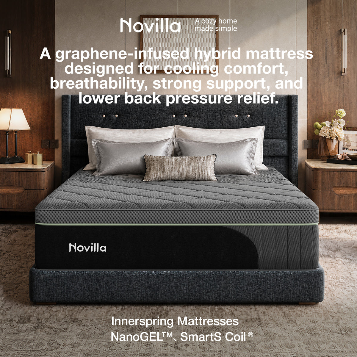 Novilla PoemEase Cooling Hybrid Mattress, Graphene Fabric, Gel Memory Foam, Temperature Balance, Full-Body Support, Pocket Springs, Reinforced Edges