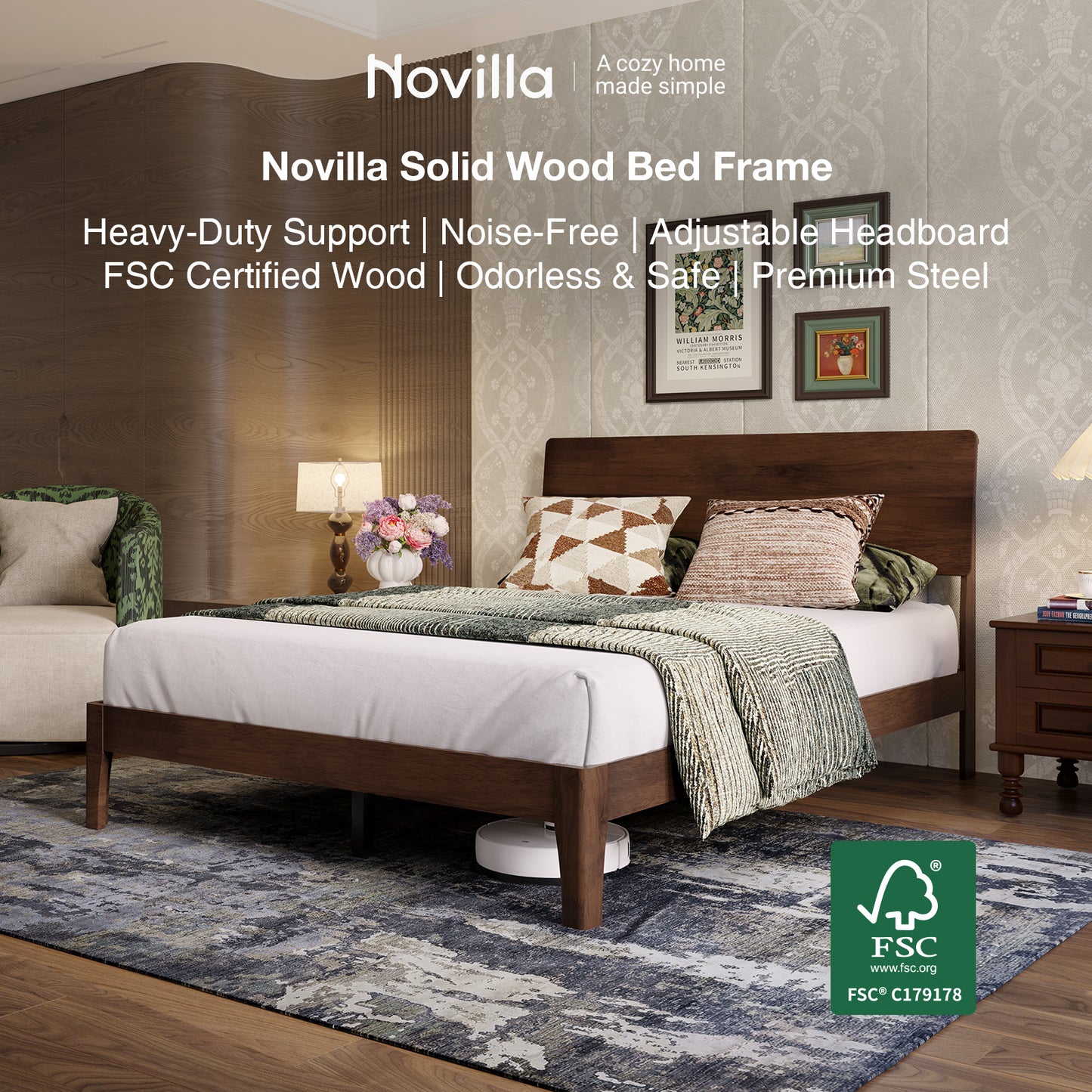 Novilla Bed Frame - Full Size Solid Wood Platform Bed with 3-Level Adjustable Headboard, Solid Wood Slat Support, No Box Spring Needed, Walnut