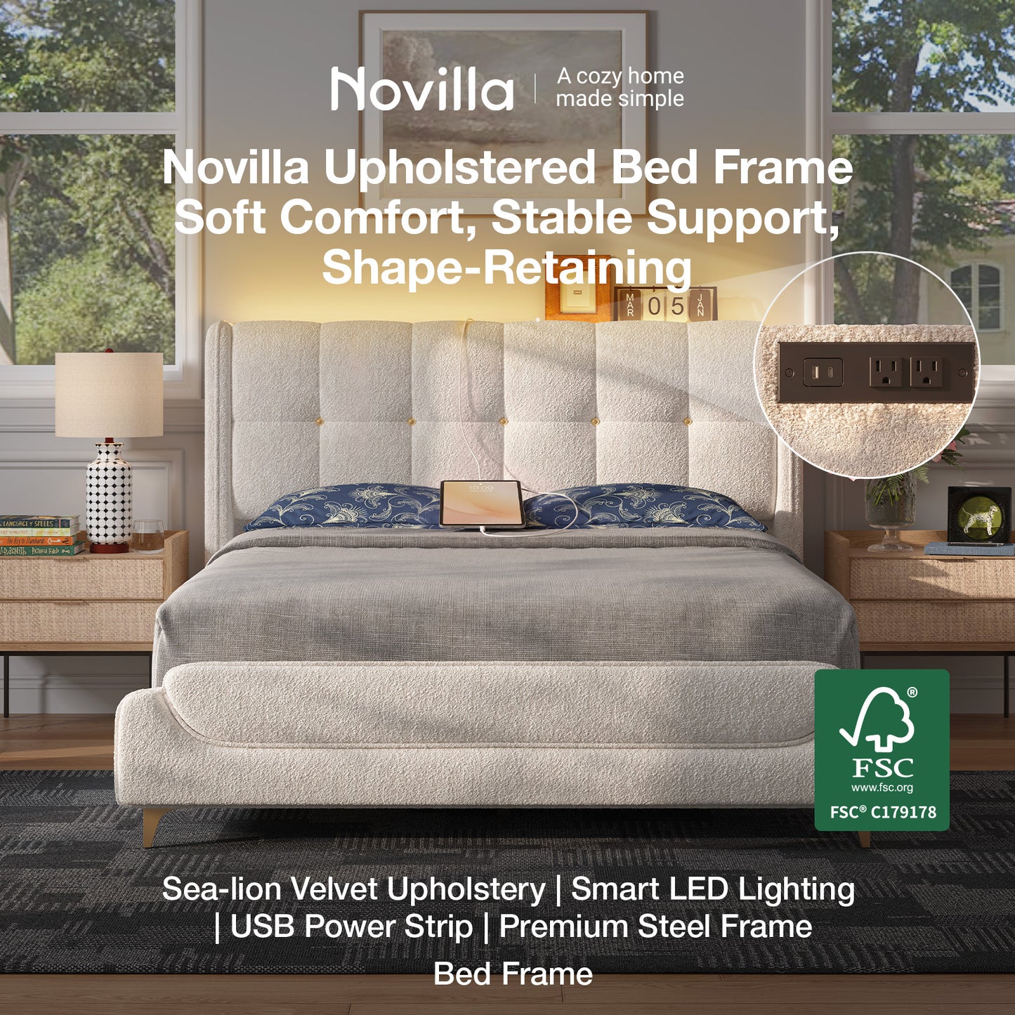 Novilla Full Size Bed Frame with Charging Station & LED Lights, Upholstered French Luxury Platform Bed with Wingback Headboard, Lamb Wool Fabric, No Box Spring Needed, Easy Assembly, Cream White