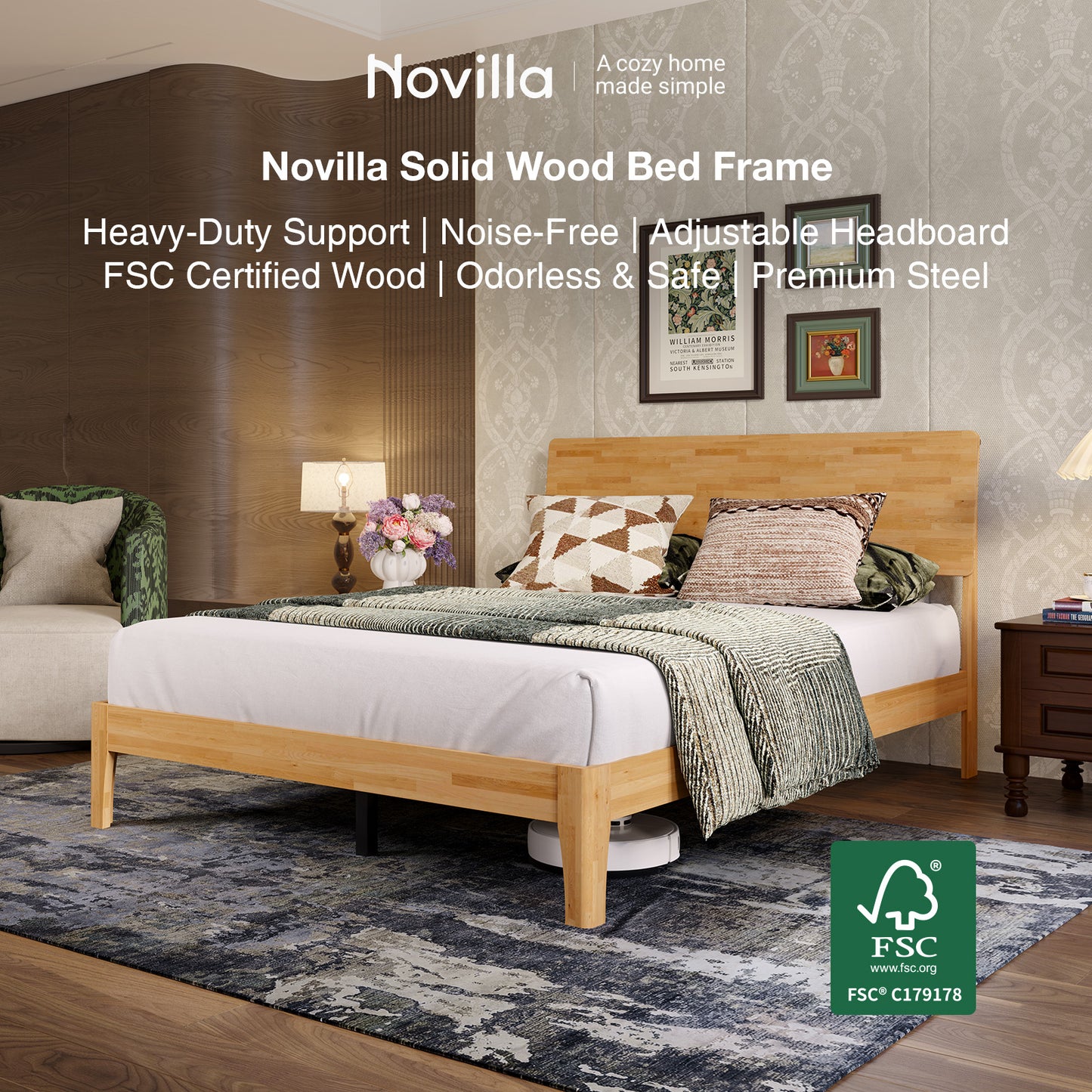 Novilla Bed Frame - Full Size Solid Wood Platform Bed with 3-Level Adjustable Headboard, Solid Wood Slat Support, No Box Spring Needed, Nature