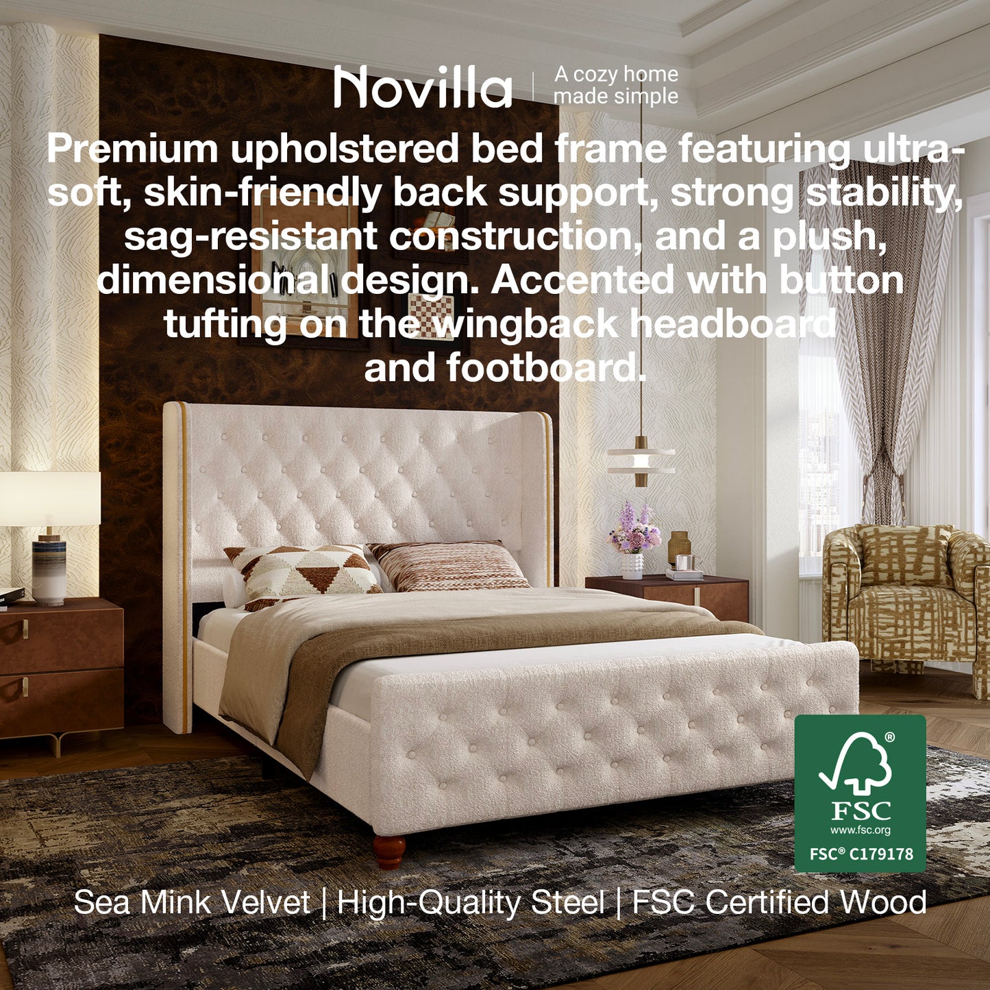 Novilla Bed Frame, Sea-Lion Velvet Upholstered Bed Frame with Wingback and Footboard, Button Tufted/No Box Spring Needed/Heavy Duty Feet/Cream