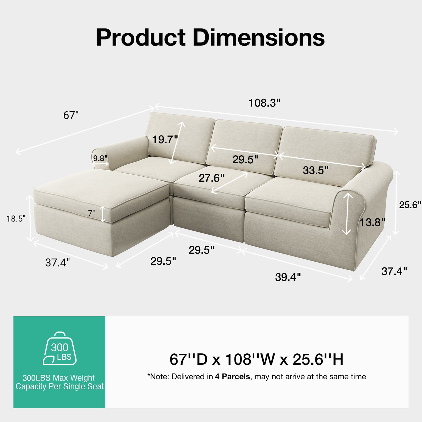 65007 Novilla 108" Modular Sectional Sofa, Modular Sectional Couches for Living Room Bedroom, Chenille Removable Cover Cloud Couch Sectional with Smarts Coil® Support L-Shaped Couch