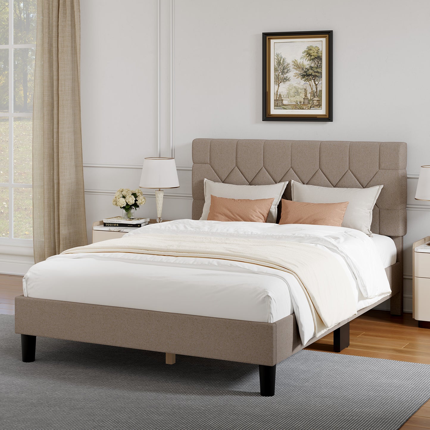 12013 Novilla Bed Frame, Full Bed Frame with Headboard, Velvet Upholstered Pull-Point Headboard, No Box Spring Needed, Heavy Duty Feet, Easy Assembly