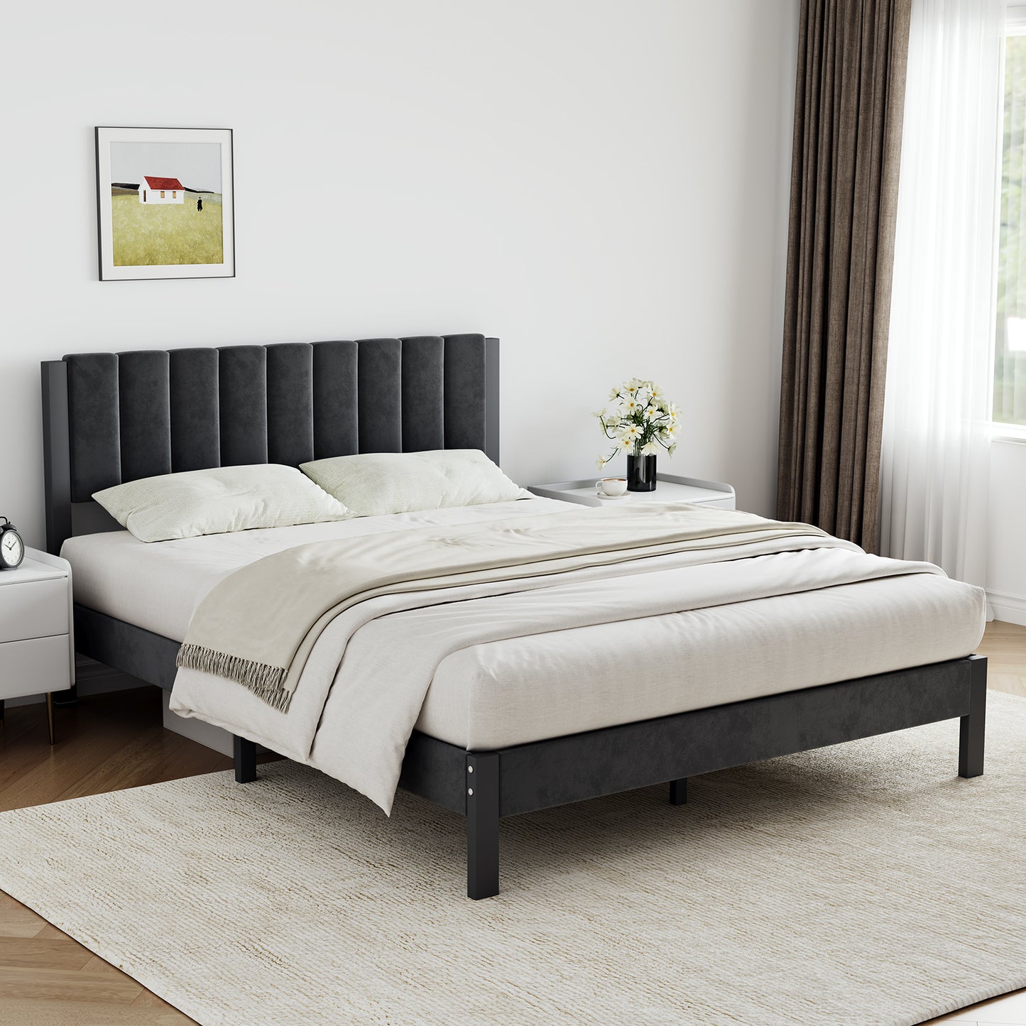 12015 Novilla Bed Frames with Piano Keys Headboard and Footboard, Metal Platform Bed Frame, No Box Spring Needed, Easy Assembly, Steel Slats Support