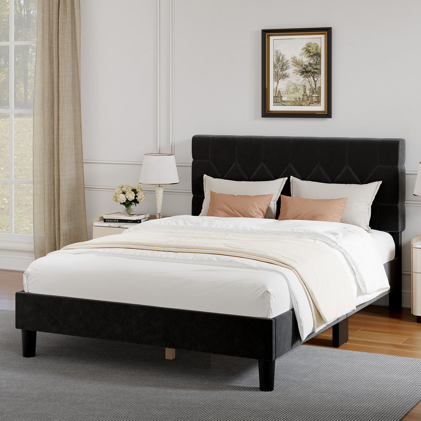 12013 Novilla Bed Frame, Full Bed Frame with Headboard, Velvet Upholstered Pull-Point Headboard, No Box Spring Needed, Heavy Duty Feet, Easy Assembly