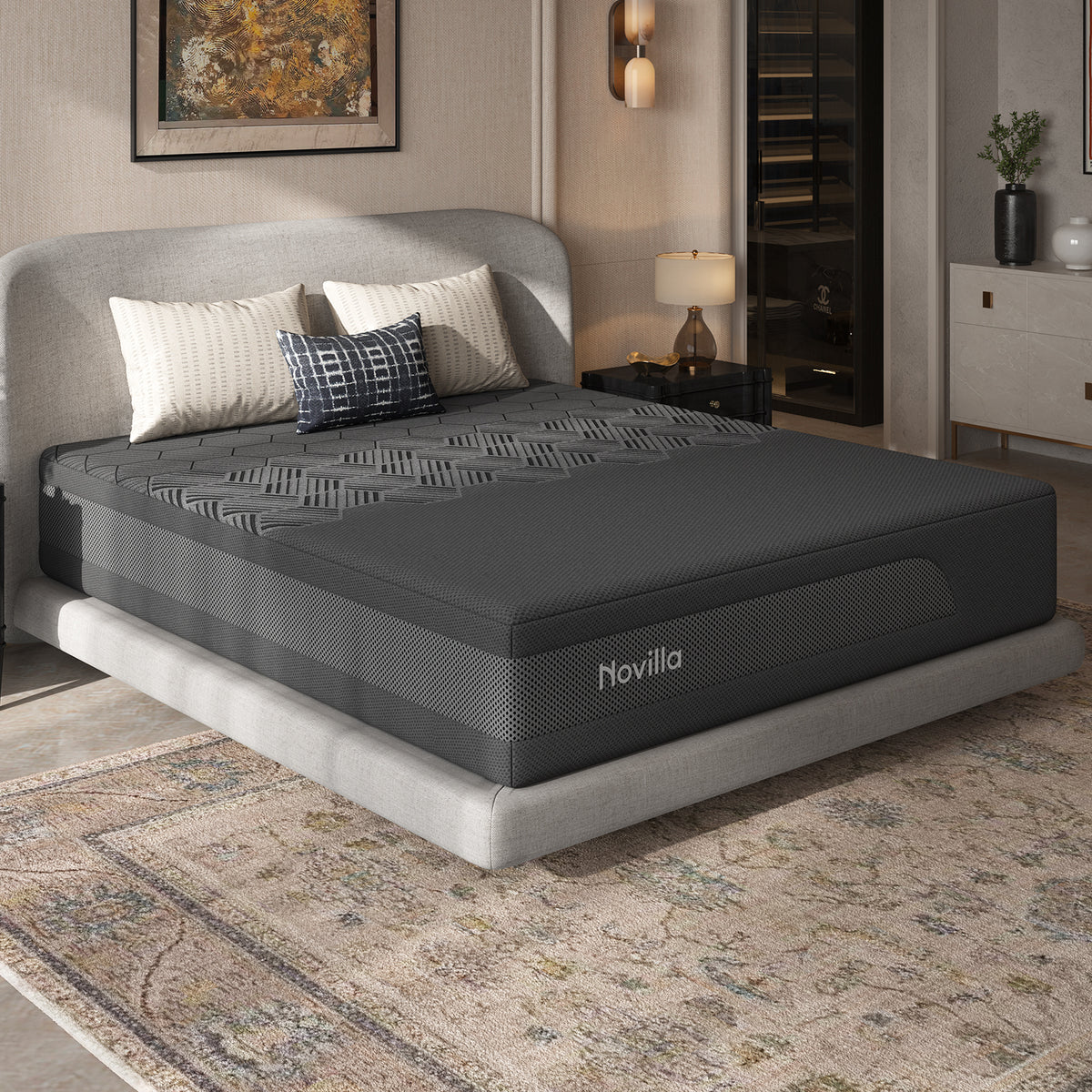 Novilla AiryFlow™ Mattress, Cooling Memory Foam Mattress in a Box with Graphene Cover, PCM Temperature Regulation, NanoGel Foam & Pressure Relief Support
