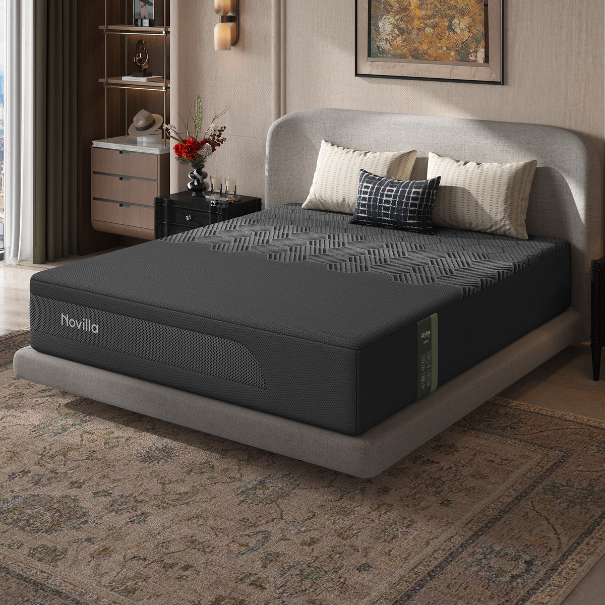 Novilla AiryFlow™ Mattress, Cooling Memory Foam Mattress in a Box with Graphene Cover, PCM Temperature Regulation, NanoGel Foam & Pressure Relief Support