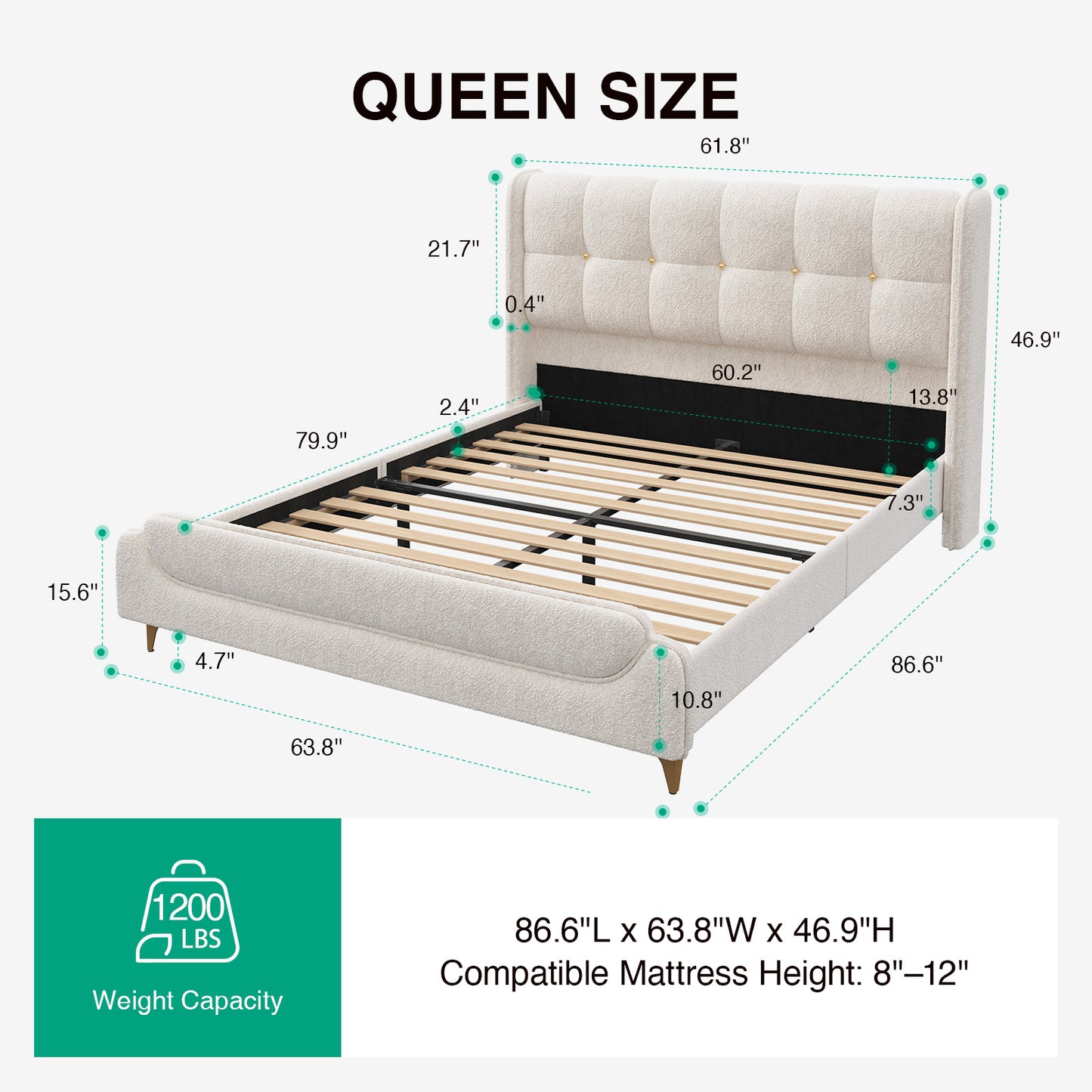 Novilla Full Size Bed Frame with Charging Station & LED Lights, Upholstered French Luxury Platform Bed with Wingback Headboard, Lamb Wool Fabric, No Box Spring Needed, Easy Assembly, Cream White