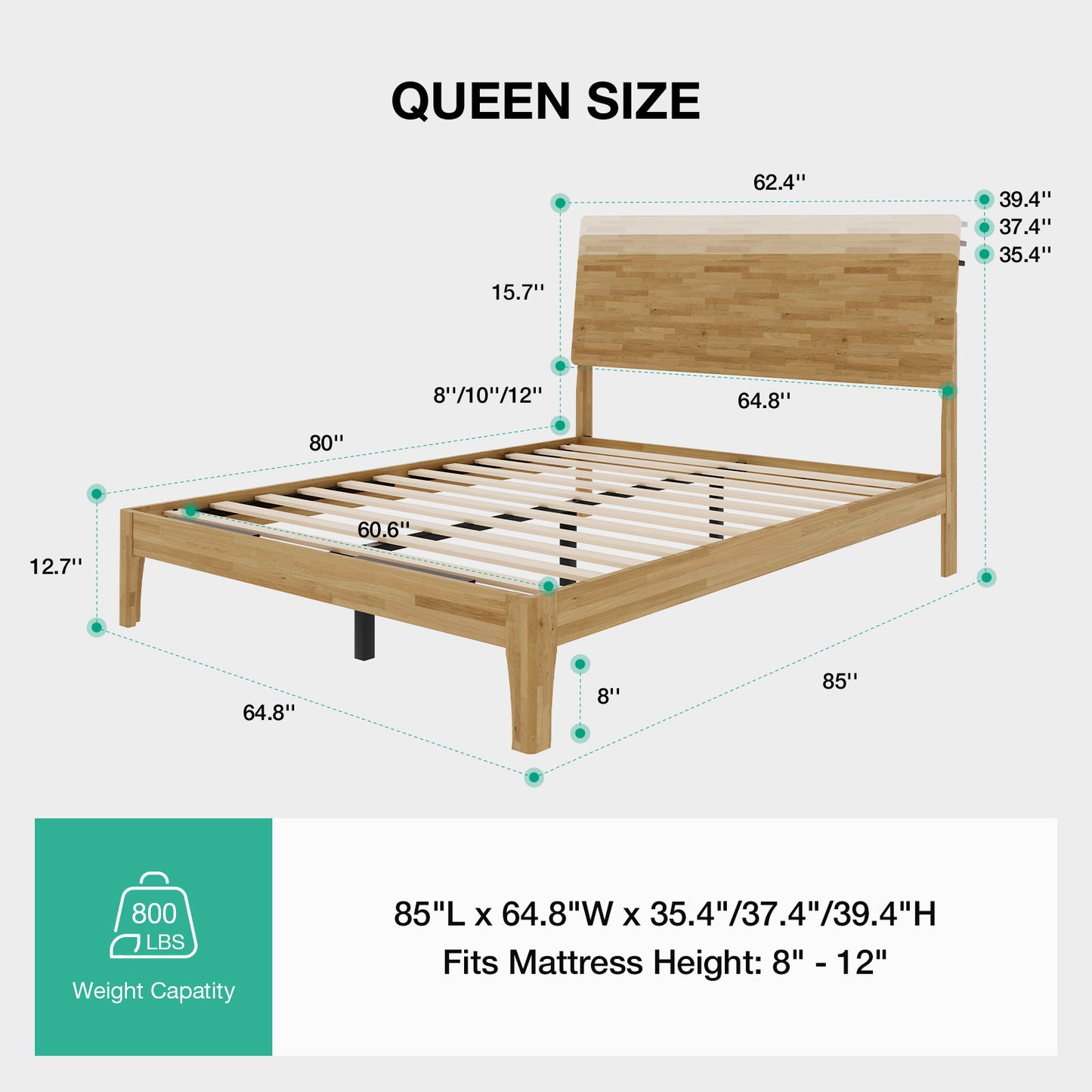 Novilla Bed Frame - Full Size Solid Wood Platform Bed with 3-Level Adjustable Headboard, Solid Wood Slat Support, No Box Spring Needed, Nature
