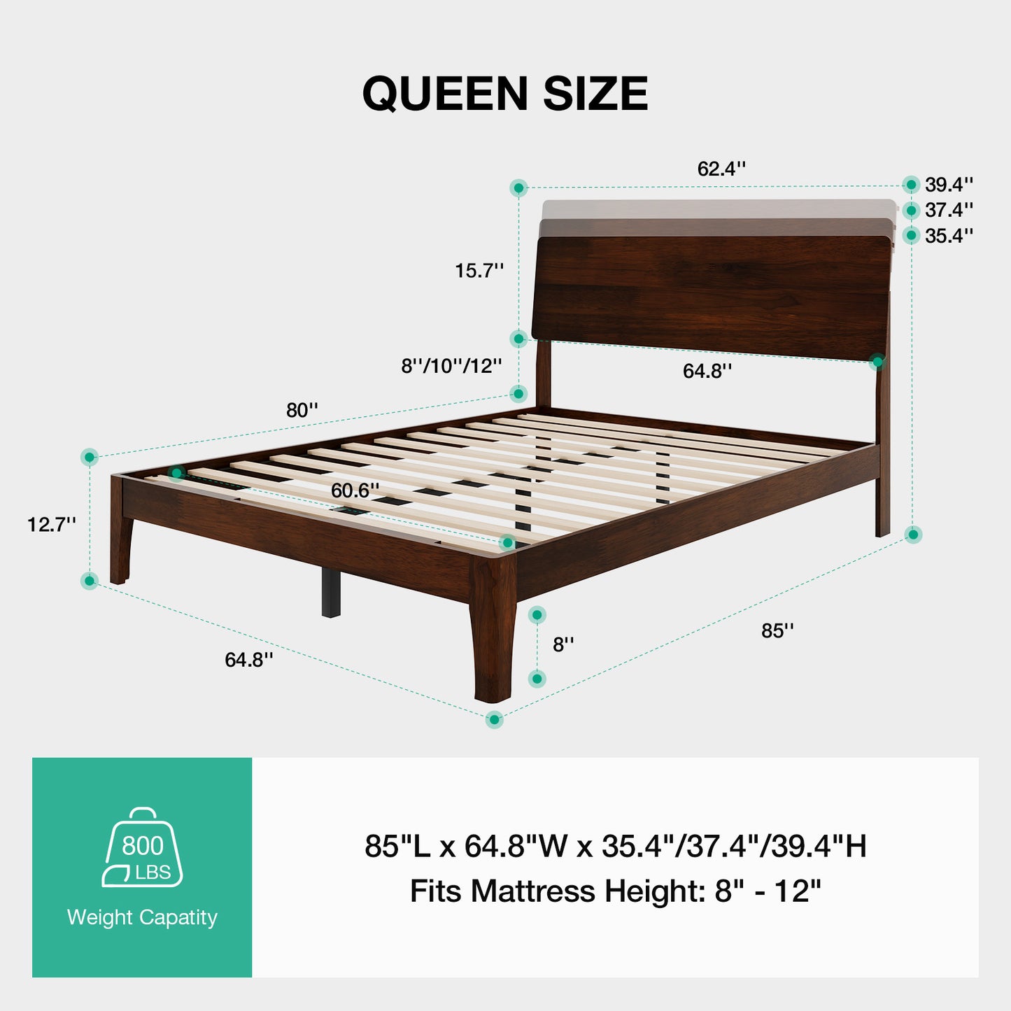 Novilla Bed Frame - Full Size Solid Wood Platform Bed with 3-Level Adjustable Headboard, Solid Wood Slat Support, No Box Spring Needed, Walnut