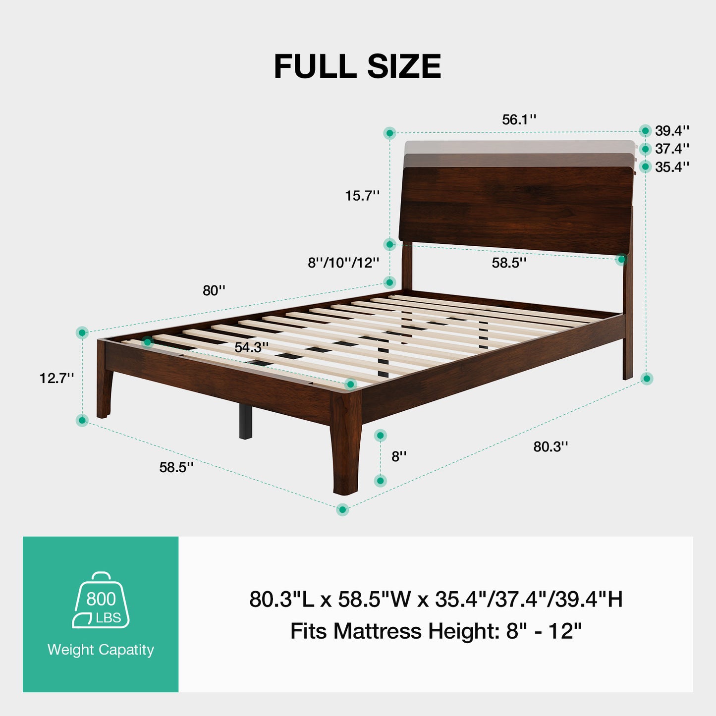 Novilla Bed Frame - Full Size Solid Wood Platform Bed with 3-Level Adjustable Headboard, Solid Wood Slat Support, No Box Spring Needed, Walnut