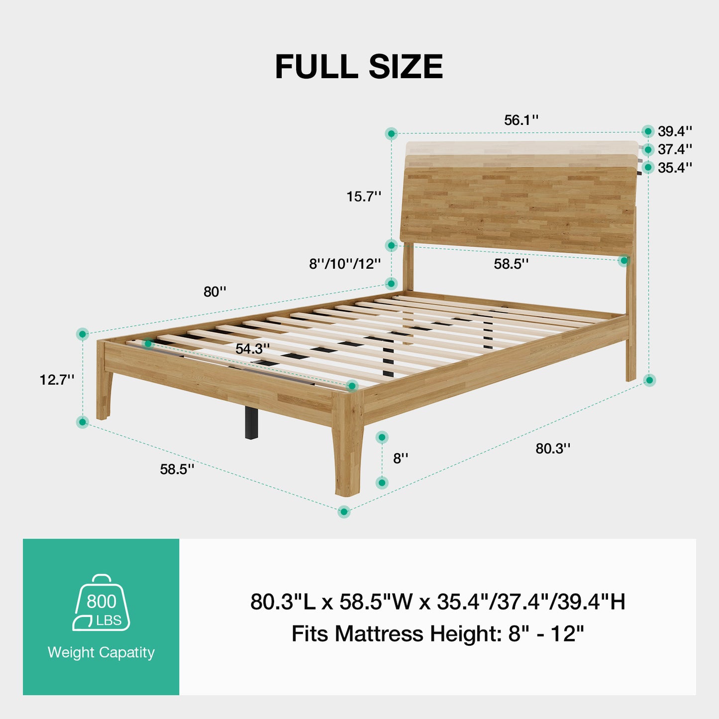 Novilla Bed Frame - Full Size Solid Wood Platform Bed with 3-Level Adjustable Headboard, Solid Wood Slat Support, No Box Spring Needed, Nature