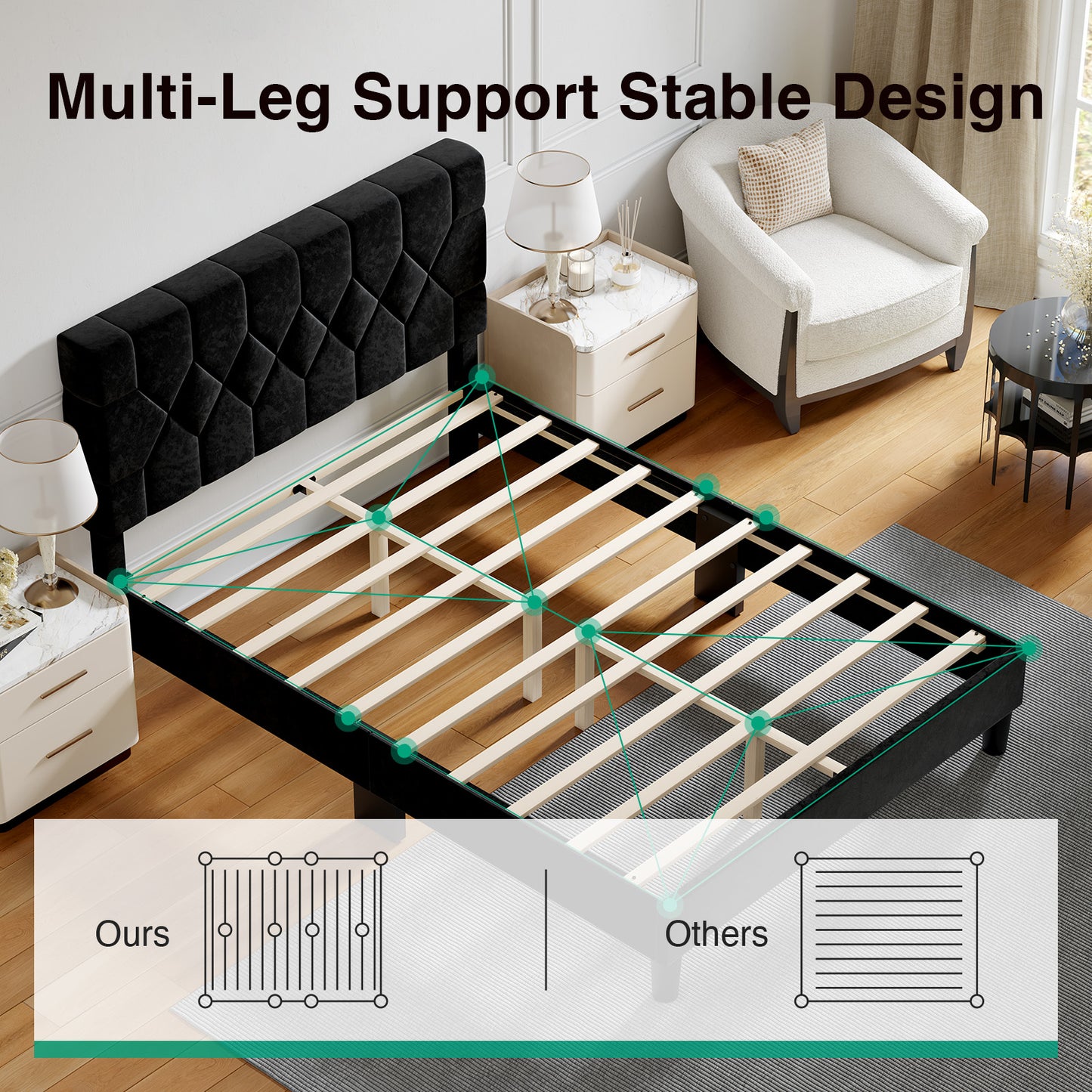 12013 Novilla Bed Frame, Full Bed Frame with Headboard, Velvet Upholstered Pull-Point Headboard, No Box Spring Needed, Heavy Duty Feet, Easy Assembly