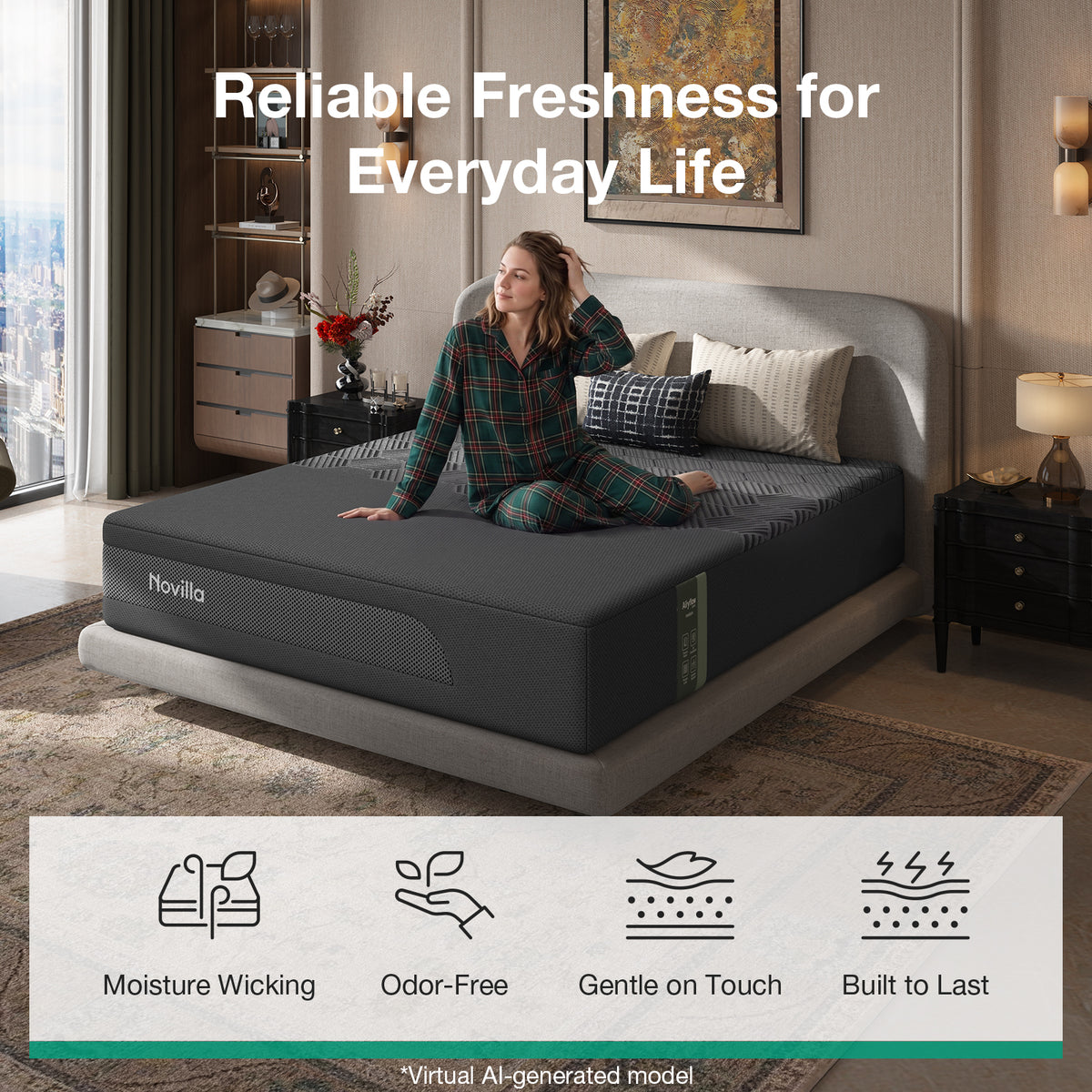 Novilla AiryFlow™ Mattress, Cooling Memory Foam Mattress in a Box with Graphene Cover, PCM Temperature Regulation, NanoGel Foam & Pressure Relief Support
