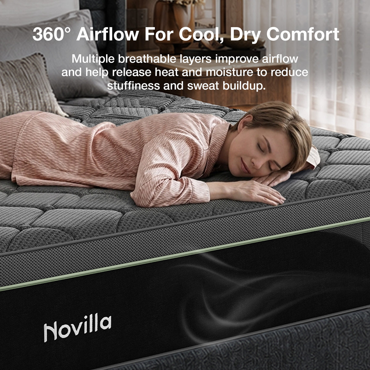 Novilla PoemEase Cooling Hybrid Mattress, Graphene Fabric, Gel Memory Foam, Temperature Balance, Full-Body Support, Pocket Springs, Reinforced Edges