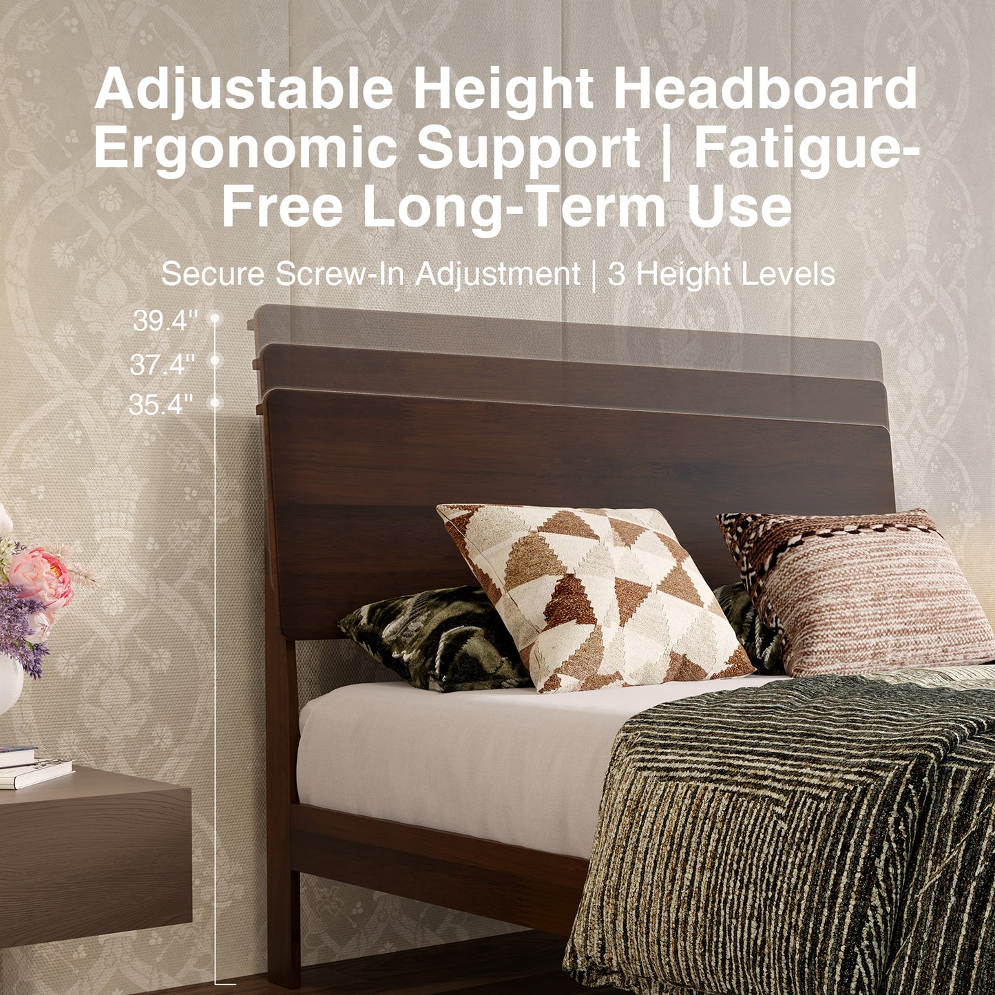 Novilla Bed Frame - Full Size Solid Wood Platform Bed with 3-Level Adjustable Headboard, Solid Wood Slat Support, No Box Spring Needed, Walnut