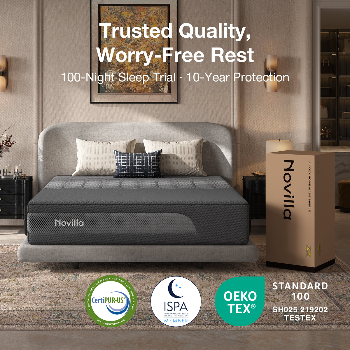 Novilla AiryFlow™ Mattress, Cooling Memory Foam Mattress in a Box with Graphene Cover, PCM Temperature Regulation, NanoGel Foam & Pressure Relief Support