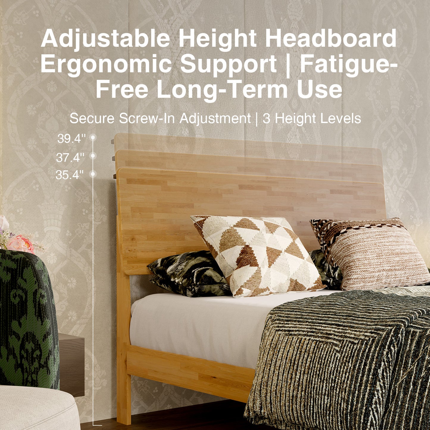 Novilla Bed Frame - Full Size Solid Wood Platform Bed with 3-Level Adjustable Headboard, Solid Wood Slat Support, No Box Spring Needed, Nature